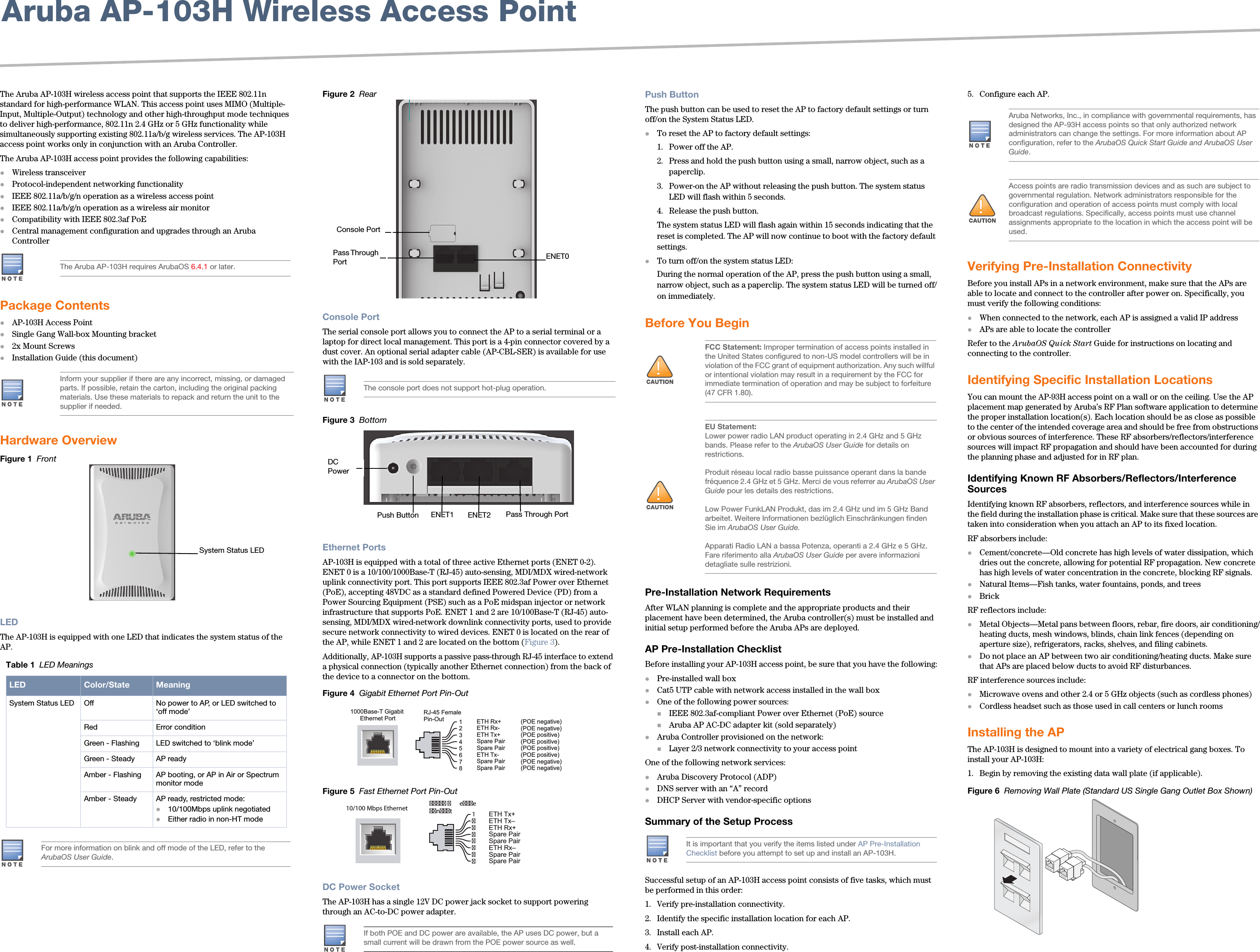 Aruba AP-103H Wireless Access Point The Aruba AP-103H wireless access point that supports the IEEE 802.11n standard for high-performance WLAN. This access point uses MIMO (Multiple-Input, Multiple-Output) technology and other high-throughput mode techniques to deliver high-performance, 802.11n 2.4 GHz or 5 GHz functionality while simultaneously supporting existing 802.11a/b/g wireless services. The AP-103H access point works only in conjunction with an Aruba Controller.The Aruba AP-103H access point provides the following capabilities:Wireless transceiverProtocol-independent networking functionalityIEEE 802.11a/b/g/n operation as a wireless access pointIEEE 802.11a/b/g/n operation as a wireless air monitorCompatibility with IEEE 802.3af PoE Central management configuration and upgrades through an Aruba ControllerPackage ContentsAP-103H Access PointSingle Gang Wall-box Mounting bracket2x Mount ScrewsInstallation Guide (this document)Hardware OverviewFigure 1  FrontLEDThe AP-103H is equipped with one LED that indicates the system status of the AP. Figure 2  RearConsole PortThe serial console port allows you to connect the AP to a serial terminal or a laptop for direct local management. This port is a 4-pin connector covered by a dust cover. An optional serial adapter cable (AP-CBL-SER) is available for use with the IAP-103 and is sold separately. Figure 3  Bottom Ethernet PortsAP-103H is equipped with a total of three active Ethernet ports (ENET 0-2). ENET 0 is a 10/100/1000Base-T (RJ-45) auto-sensing, MDI/MDX wired-network uplink connectivity port. This port supports IEEE 802.3af Power over Ethernet (PoE), accepting 48VDC as a standard defined Powered Device (PD) from a Power Sourcing Equipment (PSE) such as a PoE midspan injector or network infrastructure that supports PoE. ENET 1 and 2 are 10/100Base-T (RJ-45) auto-sensing, MDI/MDX wired-network downlink connectivity ports, used to provide secure network connectivity to wired devices. ENET 0 is located on the rear of the AP, while ENET 1 and 2 are located on the bottom (Figure 3).Additionally, AP-103H supports a passive pass-through RJ-45 interface to extend a physical connection (typically another Ethernet connection) from the back of the device to a connector on the bottom.Figure 4  Gigabit Ethernet Port Pin-OutFigure 5  Fast Ethernet Port Pin-OutDC Power SocketThe AP-103H has a single 12V DC power jack socket to support powering through an AC-to-DC power adapter.Push ButtonThe push button can be used to reset the AP to factory default settings or turn off/on the System Status LED. To reset the AP to factory default settings:1. Power off the AP.2. Press and hold the push button using a small, narrow object, such as a paperclip.3. Power-on the AP without releasing the push button. The system status LED will flash within 5 seconds.4. Release the push button.The system status LED will flash again within 15 seconds indicating that the reset is completed. The AP will now continue to boot with the factory default settings.To turn off/on the system status LED:During the normal operation of the AP, press the push button using a small, narrow object, such as a paperclip. The system status LED will be turned off/on immediately.Before You Begin Pre-Installation Network RequirementsAfter WLAN planning is complete and the appropriate products and their placement have been determined, the Aruba controller(s) must be installed and initial setup performed before the Aruba APs are deployed.AP Pre-Installation ChecklistBefore installing your AP-103H access point, be sure that you have the following:Pre-installed wall boxCat5 UTP cable with network access installed in the wall boxOne of the following power sources:IEEE 802.3af-compliant Power over Ethernet (PoE) sourceAruba AP AC-DC adapter kit (sold separately)Aruba Controller provisioned on the network:Layer 2/3 network connectivity to your access pointOne of the following network services:Aruba Discovery Protocol (ADP)DNS server with an “A” recordDHCP Server with vendor-specific optionsSummary of the Setup ProcessSuccessful setup of an AP-103H access point consists of five tasks, which must be performed in this order:1. Verify pre-installation connectivity.2. Identify the specific installation location for each AP.3. Install each AP.4. Verify post-installation connectivity.5. Configure each AP.Verifying Pre-Installation ConnectivityBefore you install APs in a network environment, make sure that the APs are able to locate and connect to the controller after power on. Specifically, you must verify the following conditions:When connected to the network, each AP is assigned a valid IP addressAPs are able to locate the controller Refer to the ArubaOS Quick Start Guide for instructions on locating and connecting to the controller.Identifying Specific Installation LocationsYou can mount the AP-93H access point on a wall or on the ceiling. Use the AP placement map generated by Aruba’s RF Plan software application to determine the proper installation location(s). Each location should be as close as possible to the center of the intended coverage area and should be free from obstructions or obvious sources of interference. These RF absorbers/reflectors/interference sources will impact RF propagation and should have been accounted for during the planning phase and adjusted for in RF plan.Identifying Known RF Absorbers/Reflectors/Interference SourcesIdentifying known RF absorbers, reflectors, and interference sources while in the field during the installation phase is critical. Make sure that these sources are taken into consideration when you attach an AP to its fixed location.RF absorbers include:Cement/concrete—Old concrete has high levels of water dissipation, which dries out the concrete, allowing for potential RF propagation. New concrete has high levels of water concentration in the concrete, blocking RF signals.Natural Items—Fish tanks, water fountains, ponds, and treesBrickRF reflectors include:Metal Objects—Metal pans between floors, rebar, fire doors, air conditioning/heating ducts, mesh windows, blinds, chain link fences (depending on aperture size), refrigerators, racks, shelves, and filing cabinets.Do not place an AP between two air conditioning/heating ducts. Make sure that APs are placed below ducts to avoid RF disturbances.RF interference sources include:Microwave ovens and other 2.4 or 5 GHz objects (such as cordless phones)Cordless headset such as those used in call centers or lunch roomsInstalling the APThe AP-103H is designed to mount into a variety of electrical gang boxes. To install your AP-103H:1. Begin by removing the existing data wall plate (if applicable). Figure 6  Removing Wall Plate (Standard US Single Gang Outlet Box Shown)The Aruba AP-103H requires ArubaOS 6.4.1 or later.Inform your supplier if there are any incorrect, missing, or damaged parts. If possible, retain the carton, including the original packing materials. Use these materials to repack and return the unit to the supplier if needed.Table 1  LED MeaningsLED Color/State MeaningSystem Status LED Off No power to AP, or LED switched to ‘off mode’Red Error conditionGreen - Flashing LED switched to ‘blink mode’Green - Steady AP readyAmber - Flashing AP booting, or AP in Air or Spectrum monitor modeAmber - Steady AP ready, restricted mode:10/100Mbps uplink negotiatedEither radio in non-HT modeFor more information on blink and off mode of the LED, refer to the ArubaOS User Guide.System Status LEDThe console port does not support hot-plug operation.If both POE and DC power are available, the AP uses DC power, but a small current will be drawn from the POE power source as well.Console PortPass Through Port  ENET0DC PowerPush Button ENET1 ENET2 Pass Through Port1000Base-T Gigabit Ethernet PortRJ-45 FemalePin-Out 12345678Spare PairSpare PairSpare PairSpare PairETH Rx+ETH Rx-ETH Tx+ETH Tx-(POE positive)(POE positive)(POE negative)(POE negative)(POE negative) (POE negative)(POE positive)(POE positive)10/100 Mbps Ethernet   eentSpare Pair   Spare Pair Spare Pair   Spare Pair 1ETH Tx+   ETH Tx–   ETH Rx+   ETH Rx–         FCC Statement: Improper termination of access points installed in the United States configured to non-US model controllers will be in violation of the FCC grant of equipment authorization. Any such willful or intentional violation may result in a requirement by the FCC for immediate termination of operation and may be subject to forfeiture (47 CFR 1.80).EU Statement: Lower power radio LAN product operating in 2.4 GHz and 5 GHz bands. Please refer to the ArubaOS User Guide for details on restrictions.Produit réseau local radio basse puissance operant dans la bande fréquence 2.4 GHz et 5 GHz. Merci de vous referrer au ArubaOS User Guide pour les details des restrictions.Low Power FunkLAN Produkt, das im 2.4 GHz und im 5 GHz Band arbeitet. Weitere Informationen bezlüglich Einschränkungen finden Sie im ArubaOS User Guide.Apparati Radio LAN a bassa Potenza, operanti a 2.4 GHz e 5 GHz. Fare riferimento alla ArubaOS User Guide per avere informazioni detagliate sulle restrizioni.It is important that you verify the items listed under AP Pre-Installation Checklist before you attempt to set up and install an AP-103H.Aruba Networks, Inc., in compliance with governmental requirements, has designed the AP-93H access points so that only authorized network administrators can change the settings. For more information about AP configuration, refer to the ArubaOS Quick Start Guide and ArubaOS User Guide.Access points are radio transmission devices and as such are subject to governmental regulation. Network administrators responsible for the configuration and operation of access points must comply with local broadcast regulations. Specifically, access points must use channel assignments appropriate to the location in which the access point will be used.