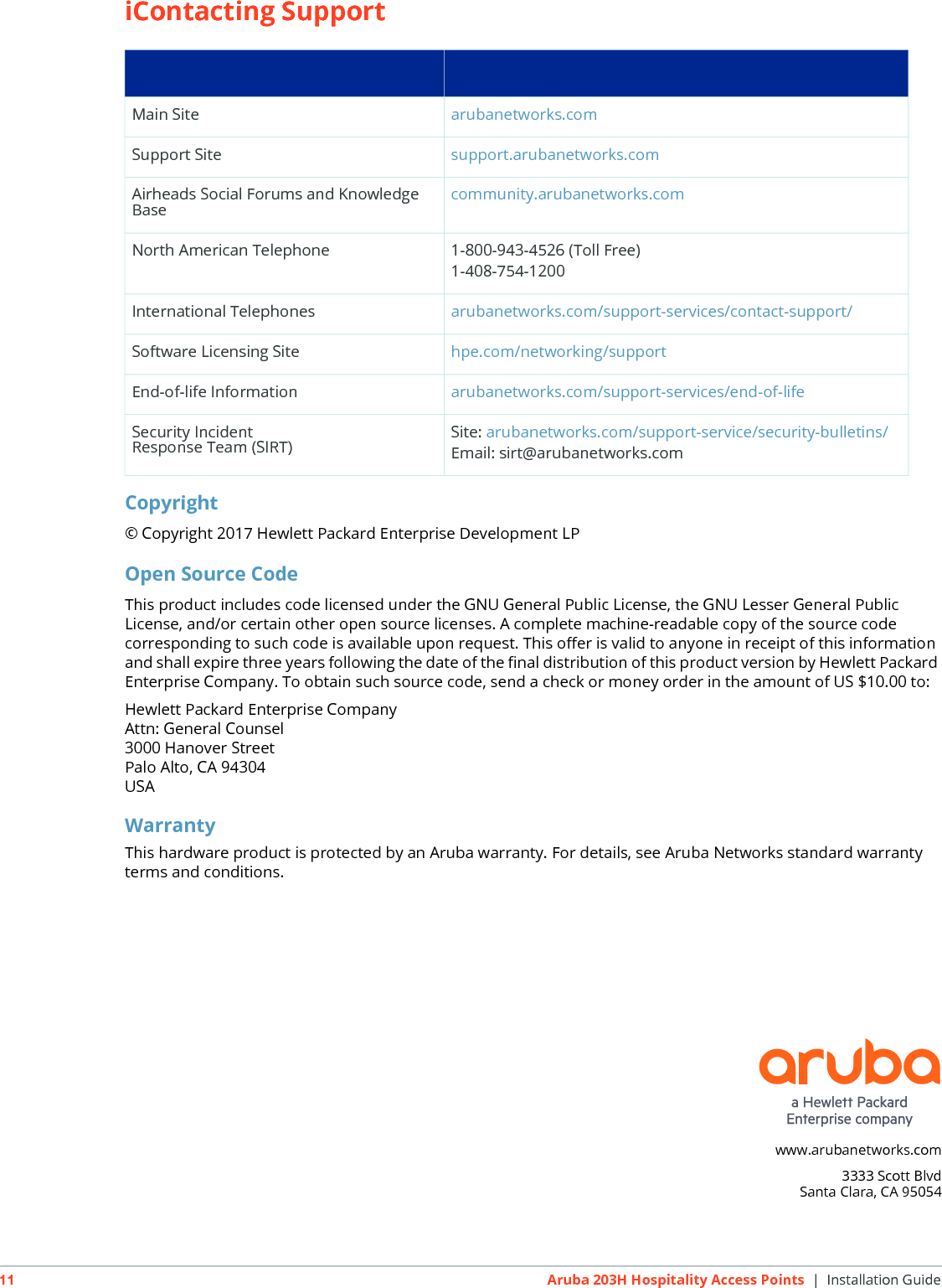 www.arubanetworks.com3333 Scott BlvdSanta Clara, CA 9505411 Aruba 203H Hospitality Access Points | Installation GuideiContacting SupportCopyright&copy; Copyright 2017 Hewlett Packard Enterprise Development LPOpen Source CodeThis product includes code licensed under the GNU General Public License, the GNU Lesser General Public License, and/or certain other open source licenses. A complete machine-readable copy of the source code corresponding to such code is available upon request. This offer is valid to anyone in receipt of this information and shall expire three years following the date of the final distribution of this product version by Hewlett Packard Enterprise Company. To obtain such source code, send a check or money order in the amount of US $10.00 to:Hewlett Packard Enterprise CompanyAttn: General Counsel3000 Hanover StreetPalo Alto, CA 94304USAWarrantyThis hardware product is protected by an Aruba warranty. For details, see Aruba Networks standard warranty terms and conditions.Main Site arubanetworks.comSupport Site support.arubanetworks.comAirheads Social Forums and Knowledge Base community.arubanetworks.comNorth American Telephone 1-800-943-4526 (Toll Free)1-408-754-1200International Telephones arubanetworks.com/support-services/contact-support/Software Licensing Site hpe.com/networking/supportEnd-of-life Information arubanetworks.com/support-services/end-of-lifeSecurity IncidentResponse Team (SIRT) Site: arubanetworks.com/support-service/security-bulletins/Email: sirt@arubanetworks.com