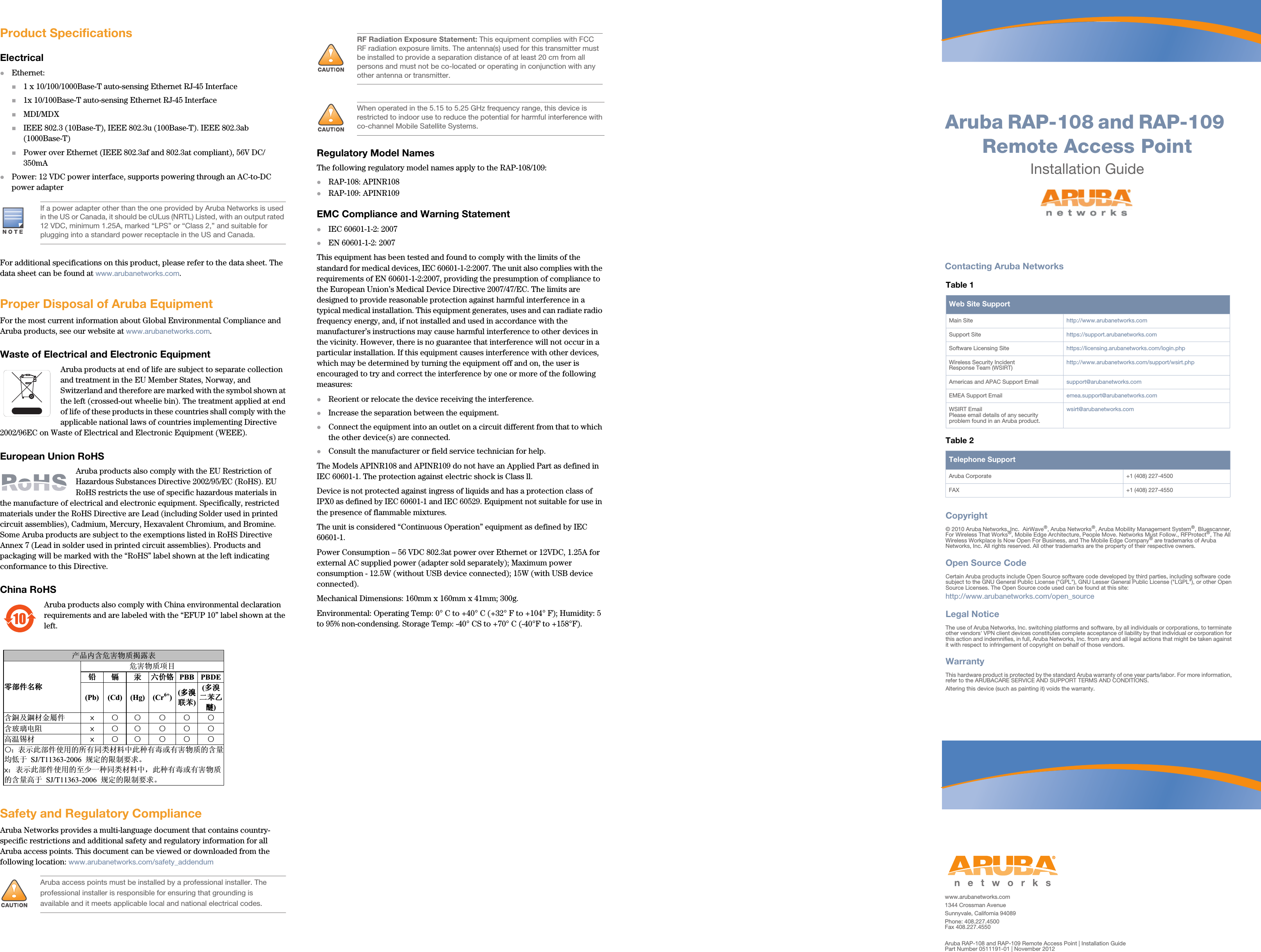 Aruba RAP-108 and RAP-109 Remote Access PointInstallation Guidewww.arubanetworks.com1344 Crossman AvenueSunnyvale, California 94089Phone: 408.227.4500Fax 408.227.4550Aruba RAP-108 and RAP-109 Remote Access Point | Installation GuidePart Number 0511191-01 | November 2012Contacting Aruba NetworksTable 1  Web Site SupportMain Site http://www.arubanetworks.com  Support Site https://support.arubanetworks.com  Software Licensing Site https://licensing.arubanetworks.com/login.phpWireless Security IncidentResponse Team (WSIRT) http://www.arubanetworks.com/support/wsirt.phpAmericas and APAC Support Email  support@arubanetworks.com  EMEA Support Email emea.support@arubanetworks.comWSIRT EmailPlease email details of any securityproblem found in an Aruba product.wsirt@arubanetworks.comTable 2  Telephone SupportAruba Corporate +1 (408) 227-4500FAX +1 (408) 227-4550Copyright© 2010 Aruba Networks, Inc.  AirWave®, Aruba Networks®, Aruba Mobility Management System®, Bluescanner, For Wireless That Works®, Mobile Edge Architecture, People Move. Networks Must Follow., RFProtect®, The All Wireless Workplace Is Now Open For Business, and The Mobile Edge Company® are trademarks of Aruba Networks, Inc. All rights reserved. All other trademarks are the property of their respective owners.Open Source CodeCertain Aruba products include Open Source software code developed by third parties, including software code subject to the GNU General Public License (&quot;GPL&quot;), GNU Lesser General Public License (&quot;LGPL&quot;), or other Open Source Licenses. The Open Source code used can be found at this site:http://www.arubanetworks.com/open_sourceLegal NoticeThe use of Aruba Networks, Inc. switching platforms and software, by all individuals or corporations, to terminate other vendors&apos; VPN client devices constitutes complete acceptance of liability by that individual or corporation for this action and indemnifies, in full, Aruba Networks, Inc. from any and all legal actions that might be taken against it with respect to infringement of copyright on behalf of those vendors.WarrantyThis hardware product is protected by the standard Aruba warranty of one year parts/labor. For more information, refer to the ARUBACARE SERVICE AND SUPPORT TERMS AND CONDITIONS.Altering this device (such as painting it) voids the warranty.Product SpecificationsElectricalEthernet:1 x 10/100/1000Base-T auto-sensing Ethernet RJ-45 Interface1x 10/100Base-T auto-sensing Ethernet RJ-45 InterfaceMDI/MDXIEEE 802.3 (10Base-T), IEEE 802.3u (100Base-T). IEEE 802.3ab (1000Base-T)Power over Ethernet (IEEE 802.3af and 802.3at compliant), 56V DC/350mAPower: 12 VDC power interface, supports powering through an AC-to-DC power adapterFor additional specifications on this product, please refer to the data sheet. The data sheet can be found at www.arubanetworks.com.Proper Disposal of Aruba EquipmentFor the most current information about Global Environmental Compliance and Aruba products, see our website at www.arubanetworks.com.Waste of Electrical and Electronic EquipmentAruba products at end of life are subject to separate collection and treatment in the EU Member States, Norway, and Switzerland and therefore are marked with the symbol shown at the left (crossed-out wheelie bin). The treatment applied at end of life of these products in these countries shall comply with the applicable national laws of countries implementing Directive 2002/96EC on Waste of Electrical and Electronic Equipment (WEEE).European Union RoHSAruba products also comply with the EU Restriction of Hazardous Substances Directive 2002/95/EC (RoHS). EU RoHS restricts the use of specific hazardous materials in the manufacture of electrical and electronic equipment. Specifically, restricted materials under the RoHS Directive are Lead (including Solder used in printed circuit assemblies), Cadmium, Mercury, Hexavalent Chromium, and Bromine. Some Aruba products are subject to the exemptions listed in RoHS Directive Annex 7 (Lead in solder used in printed circuit assemblies). Products and packaging will be marked with the “RoHS” label shown at the left indicating conformance to this Directive.China RoHSAruba products also comply with China environmental declaration requirements and are labeled with the “EFUP 10” label shown at the left.Safety and Regulatory ComplianceAruba Networks provides a multi-language document that contains country-specific restrictions and additional safety and regulatory information for all Aruba access points. This document can be viewed or downloaded from the following location: www.arubanetworks.com/safety_addendum Regulatory Model NamesThe following regulatory model names apply to the RAP-108/109:RAP-108: APINR108 RAP-109: APINR109EMC Compliance and Warning StatementIEC 60601-1-2: 2007 EN 60601-1-2: 2007 This equipment has been tested and found to comply with the limits of the standard for medical devices, IEC 60601-1-2:2007. The unit also complies with the requirements of EN 60601-1-2:2007, providing the presumption of compliance to the European Union’s Medical Device Directive 2007/47/EC. The limits are designed to provide reasonable protection against harmful interference in a typical medical installation. This equipment generates, uses and can radiate radio frequency energy, and, if not installed and used in accordance with the manufacturer’s instructions may cause harmful interference to other devices in the vicinity. However, there is no guarantee that interference will not occur in a particular installation. If this equipment causes interference with other devices, which may be determined by turning the equipment off and on, the user is encouraged to try and correct the interference by one or more of the following measures:Reorient or relocate the device receiving the interference.Increase the separation between the equipment.Connect the equipment into an outlet on a circuit different from that to which the other device(s) are connected.Consult the manufacturer or field service technician for help.The Models APINR108 and APINR109 do not have an Applied Part as defined in IEC 60601-1. The protection against electric shock is Class ll. Device is not protected against ingress of liquids and has a protection class of IPX0 as defined by IEC 60601-1 and IEC 60529. Equipment not suitable for use in the presence of flammable mixtures.The unit is considered “Continuous Operation” equipment as defined by IEC 60601-1. Power Consumption – 56 VDC 802.3at power over Ethernet or 12VDC, 1.25A for external AC supplied power (adapter sold separately); Maximum power consumption - 12.5W (without USB device connected); 15W (with USB device connected). Mechanical Dimensions: 160mm x 160mm x 41mm; 300g.Environmental: Operating Temp: 0° C to +40° C (+32° F to +104° F); Humidity: 5 to 95% non-condensing. Storage Temp: -40° CS to +70° C (-40°F to +158°F).If a power adapter other than the one provided by Aruba Networks is used in the US or Canada, it should be cULus (NRTL) Listed, with an output rated 12 VDC, minimum 1.25A, marked “LPS” or “Class 2,” and suitable for plugging into a standard power receptacle in the US and Canada.!Aruba access points must be installed by a professional installer. The professional installer is responsible for ensuring that grounding is available and it meets applicable local and national electrical codes.10!ѻકݙ৿ॅᆇ⠽䋼ᧁ䴆㸼䳊䚼ӊৡ⿄䳊䚼ӊৡ⿄䳊䚼ӊৡ⿄䳊䚼ӊৡ⿄ॅᆇ⠽䋼乍Ⳃ䪙䪙䪙䪙䬝䬝䬝䬝∲∲∲∲݁Ӌ䫀݁Ӌ䫀݁Ӌ䫀݁Ӌ䫀PBB PBDE(Pb) (Cd) (Hg) (Cr6+)(໮⒈໮⒈໮⒈໮⒈㘨㣃㘨㣃㘨㣃㘨㣃)(໮⒈໮⒈໮⒈໮⒈Ѡ㣃ЭѠ㣃ЭѠ㣃ЭѠ㣃Э䝮䝮䝮䝮) ৿䡙ঞ䣐ᴤ䞥ቀӊ Øƻ ƻ ƻ ƻ ƻ৿⦏⩗⬉䰏 Øƻ ƻ ƻ ƻ ƻ催⏽䫵ᴤ Øƻ ƻ ƻ ƻ ƻƻ˖㸼⼎ℸ䚼ӊՓ⫼ⱘ᠔᳝ৠ㉏ᴤ᭭Ёℸ⾡᳝↦៪᳝ᆇ⠽䋼ⱘ৿䞣ഛԢѢ SJ/T11363-2006 㾘ᅮⱘ䰤ࠊ㽕∖Ǆ   Ø˖㸼⼎ℸ䚼ӊՓ⫼ⱘ㟇ᇥϔ⾡ৠ㉏ᴤ᭭Ёˈℸ⾡᳝↦៪᳝ᆇ⠽䋼ⱘ৿䞣催Ѣ SJ/T11363-2006 㾘ᅮⱘ䰤ࠊ㽕∖Ǆ   !RF Radiation Exposure Statement: This equipment complies with FCC RF radiation exposure limits. The antenna(s) used for this transmitter must be installed to provide a separation distance of at least 20 cm from all persons and must not be co-located or operating in conjunction with any other antenna or transmitter. !When operated in the 5.15 to 5.25 GHz frequency range, this device is restricted to indoor use to reduce the potential for harmful interference with co-channel Mobile Satellite Systems.