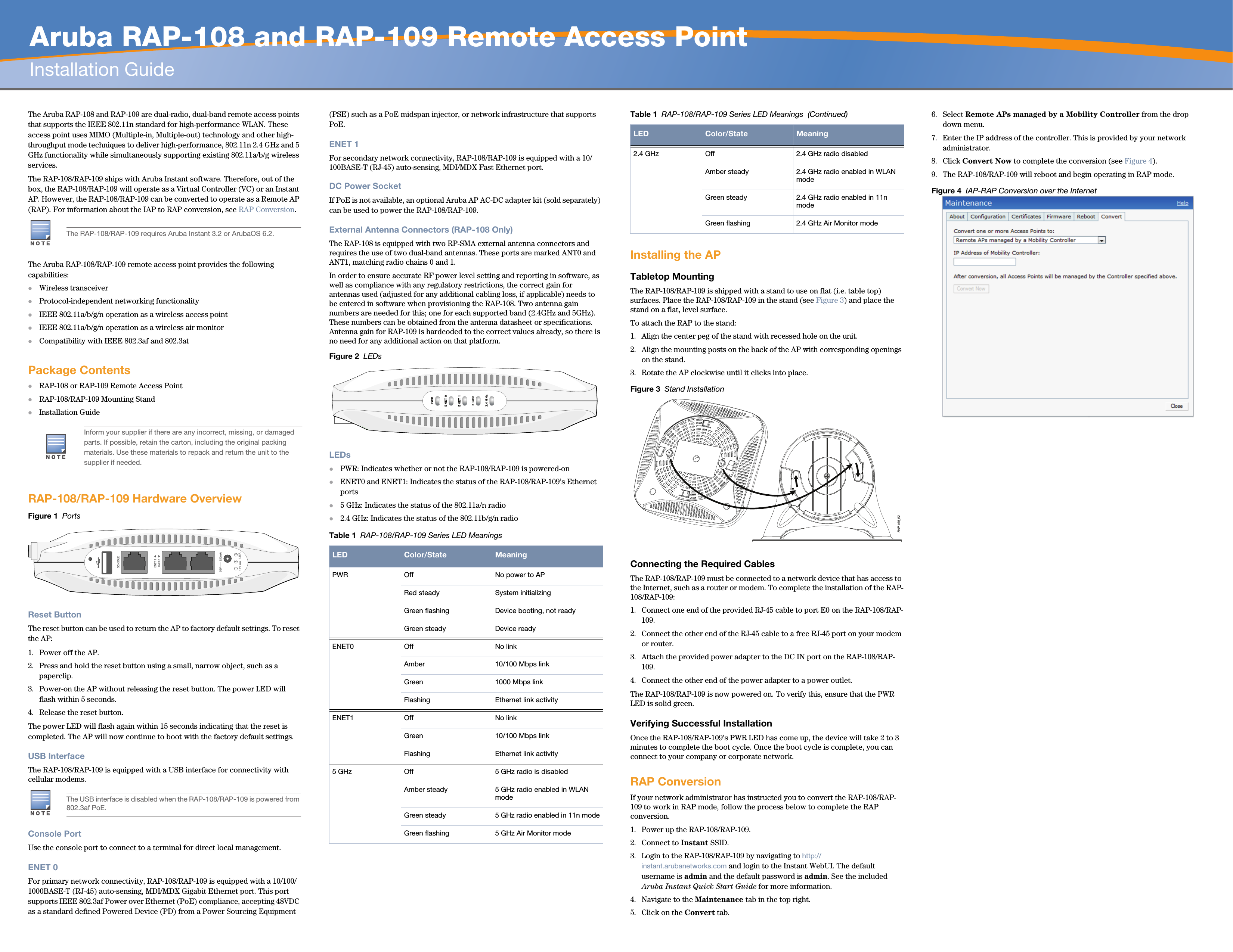   Aruba RAP-108 and RAP-109 Remote Access PointInstallation GuideThe Aruba RAP-108 and RAP-109 are dual-radio, dual-band remote access points that supports the IEEE 802.11n standard for high-performance WLAN. These access point uses MIMO (Multiple-in, Multiple-out) technology and other high-throughput mode techniques to deliver high-performance, 802.11n 2.4 GHz and 5 GHz functionality while simultaneously supporting existing 802.11a/b/g wireless services. The RAP-108/RAP-109 ships with Aruba Instant software. Therefore, out of the box, the RAP-108/RAP-109 will operate as a Virtual Controller (VC) or an Instant AP. However, the RAP-108/RAP-109 can be converted to operate as a Remote AP (RAP). For information about the IAP to RAP conversion, see RAP Conversion.The Aruba RAP-108/RAP-109 remote access point provides the following capabilities:Wireless transceiverProtocol-independent networking functionalityIEEE 802.11a/b/g/n operation as a wireless access pointIEEE 802.11a/b/g/n operation as a wireless air monitorCompatibility with IEEE 802.3af and 802.3at Package ContentsRAP-108 or RAP-109 Remote Access PointRAP-108/RAP-109 Mounting StandInstallation GuideRAP-108/RAP-109 Hardware OverviewFigure 1  Ports Reset ButtonThe reset button can be used to return the AP to factory default settings. To reset the AP:1. Power off the AP.2. Press and hold the reset button using a small, narrow object, such as a paperclip.3. Power-on the AP without releasing the reset button. The power LED will flash within 5 seconds.4. Release the reset button.The power LED will flash again within 15 seconds indicating that the reset is completed. The AP will now continue to boot with the factory default settings.USB InterfaceThe RAP-108/RAP-109 is equipped with a USB interface for connectivity with cellular modems. Console PortUse the console port to connect to a terminal for direct local management.ENET 0For primary network connectivity, RAP-108/RAP-109 is equipped with a 10/100/1000BASE-T (RJ-45) auto-sensing, MDI/MDX Gigabit Ethernet port. This port supports IEEE 802.3af Power over Ethernet (PoE) compliance, accepting 48VDC as a standard defined Powered Device (PD) from a Power Sourcing Equipment (PSE) such as a PoE midspan injector, or network infrastructure that supports PoE.ENET 1For secondary network connectivity, RAP-108/RAP-109 is equipped with a 10/100BASE-T (RJ-45) auto-sensing, MDI/MDX Fast Ethernet port.DC Power SocketIf PoE is not available, an optional Aruba AP AC-DC adapter kit (sold separately) can be used to power the RAP-108/RAP-109. External Antenna Connectors (RAP-108 Only)The RAP-108 is equipped with two RP-SMA external antenna connectors and requires the use of two dual-band antennas. These ports are marked ANT0 and ANT1, matching radio chains 0 and 1.In order to ensure accurate RF power level setting and reporting in software, as well as compliance with any regulatory restrictions, the correct gain for antennas used (adjusted for any additional cabling loss, if applicable) needs to be entered in software when provisioning the RAP-108. Two antenna gain numbers are needed for this; one for each supported band (2.4GHz and 5GHz). These numbers can be obtained from the antenna datasheet or specifications. Antenna gain for RAP-109 is hardcoded to the correct values already, so there is no need for any additional action on that platform.Figure 2  LEDs LEDsPWR: Indicates whether or not the RAP-108/RAP-109 is powered-onENET0 and ENET1: Indicates the status of the RAP-108/RAP-109’s Ethernet ports5 GHz: Indicates the status of the 802.11a/n radio2.4 GHz: Indicates the status of the 802.11b/g/n radioInstalling the APTabletop MountingThe RAP-108/RAP-109 is shipped with a stand to use on flat (i.e. table top) surfaces. Place the RAP-108/RAP-109 in the stand (see Figure 3) and place the stand on a flat, level surface. To attach the RAP to the stand:1. Align the center peg of the stand with recessed hole on the unit.2. Align the mounting posts on the back of the AP with corresponding openings on the stand.3. Rotate the AP clockwise until it clicks into place.Figure 3  Stand Installation Connecting the Required CablesThe RAP-108/RAP-109 must be connected to a network device that has access to the Internet, such as a router or modem. To complete the installation of the RAP-108/RAP-109:1. Connect one end of the provided RJ-45 cable to port E0 on the RAP-108/RAP-109.2. Connect the other end of the RJ-45 cable to a free RJ-45 port on your modem or router. 3. Attach the provided power adapter to the DC IN port on the RAP-108/RAP-109.4. Connect the other end of the power adapter to a power outlet.The RAP-108/RAP-109 is now powered on. To verify this, ensure that the PWR LED is solid green. Verifying Successful InstallationOnce the RAP-108/RAP-109’s PWR LED has come up, the device will take 2 to 3 minutes to complete the boot cycle. Once the boot cycle is complete, you can connect to your company or corporate network.RAP ConversionIf your network administrator has instructed you to convert the RAP-108/RAP-109 to work in RAP mode, follow the process below to complete the RAP conversion. 1. Power up the RAP-108/RAP-109.2. Connect to Instant SSID.3. Login to the RAP-108/RAP-109 by navigating to http://instant.arubanetworks.com and login to the Instant WebUI. The default username is admin and the default password is admin. See the included Aruba Instant Quick Start Guide for more information.4. Navigate to the Maintenance tab in the top right.5. Click on the Convert tab.6. Select Remote APs managed by a Mobility Controller from the drop down menu.7. Enter the IP address of the controller. This is provided by your network administrator.8. Click Convert Now to complete the conversion (see Figure 4).9. The RAP-108/RAP-109 will reboot and begin operating in RAP mode.Figure 4  IAP-RAP Conversion over the InternetThe RAP-108/RAP-109 requires Aruba Instant 3.2 or ArubaOS 6.2.Inform your supplier if there are any incorrect, missing, or damaged parts. If possible, retain the carton, including the original packing materials. Use these materials to repack and return the unit to the supplier if needed.The USB interface is disabled when the RAP-108/RAP-109 is powered from 802.3af PoE.ENET 1ENET 056V 350mA1.25ACONSOLETable 1  RAP-108/RAP-109 Series LED Meanings  LED Color/State MeaningPWR Off No power to APRed steady System initializingGreen flashing Device booting, not readyGreen steady Device readyENET0 Off No linkAmber  10/100 Mbps linkGreen  1000 Mbps linkFlashing Ethernet link activityENET1 Off No linkGreen  10/100 Mbps linkFlashing Ethernet link activity5 GHz Off 5 GHz radio is disabledAmber steady 5 GHz radio enabled in WLAN modeGreen steady 5 GHz radio enabled in 11n modeGreen flashing 5 GHz Air Monitor mode2.4 GHz5 GHzENET 1ENET 0PWR2.4 GHz Off 2.4 GHz radio disabledAmber steady 2.4 GHz radio enabled in WLAN modeGreen steady 2.4 GHz radio enabled in 11n modeGreen flashing 2.4 GHz Air Monitor modeTable 1  RAP-108/RAP-109 Series LED Meanings  (Continued)LED Color/State MeaningRAP-108_02