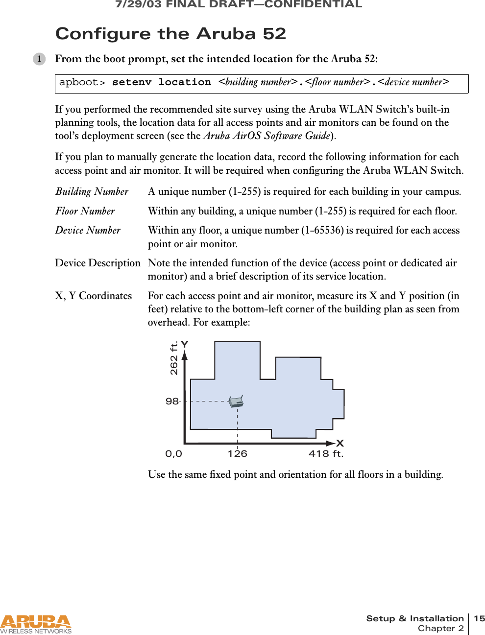 Setup &amp; Installation 15Chapter 27/29/03 FINAL DRAFT—CONFIDENTIALConfigure the Aruba 52From the boot prompt, set the intended location for the Aruba 52:If you performed the recommended site survey using the Aruba WLAN Switch’s built-in planning tools, the location data for all access points and air monitors can be found on the tool’s deployment screen (see the Aruba AirOS Software Guide).If you plan to manually generate the location data, record the following information for each access point and air monitor. It will be required when configuring the Aruba WLAN Switch.apboot&gt; setenv location &lt;building number&gt;.&lt;floor number&gt;.&lt;device number&gt;Building Number A unique number (1-255) is required for each building in your campus.Floor Number Within any building, a unique number (1-255) is required for each floor.Device Number Within any floor, a unique number (1-65536) is required for each access point or air monitor.Device Description Note the intended function of the device (access point or dedicated air monitor) and a brief description of its service location.X, Y Coordinates For each access point and air monitor, measure its X and Y position (in feet) relative to the bottom-left corner of the building plan as seen from overhead. For example:Use the same fixed point and orientation for all floors in a building.10,0 12698X418 ft.Y262 ft.