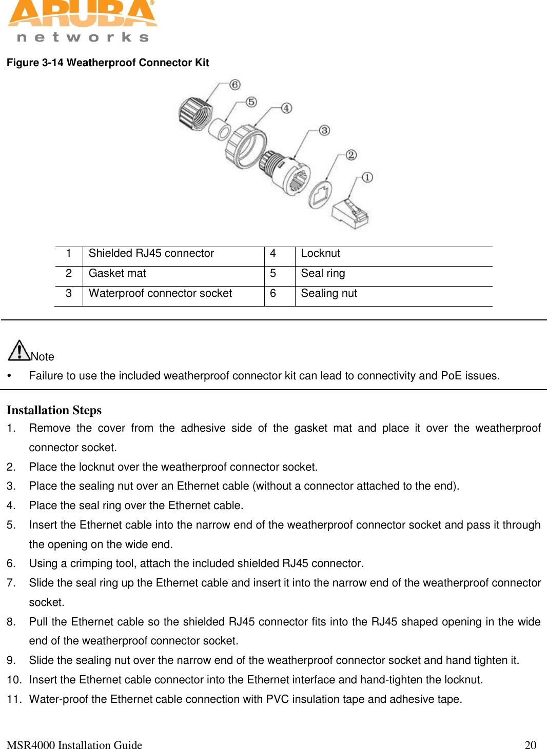   MSR4000 Installation Guide                                                                                                                                  20                                                                                                                       Figure 3-14 Weatherproof Connector Kit   1 Shielded RJ45 connector 4 Locknut 2 Gasket mat 5 Seal ring 3 Waterproof connector socket 6 Sealing nut   Note   Failure to use the included weatherproof connector kit can lead to connectivity and PoE issues.  Installation Steps 1.  Remove  the  cover  from  the  adhesive  side  of  the  gasket  mat  and  place  it  over  the  weatherproof connector socket. 2.  Place the locknut over the weatherproof connector socket. 3.  Place the sealing nut over an Ethernet cable (without a connector attached to the end). 4.  Place the seal ring over the Ethernet cable. 5.  Insert the Ethernet cable into the narrow end of the weatherproof connector socket and pass it through the opening on the wide end. 6.  Using a crimping tool, attach the included shielded RJ45 connector. 7.  Slide the seal ring up the Ethernet cable and insert it into the narrow end of the weatherproof connector socket. 8.  Pull the Ethernet cable so the shielded RJ45 connector fits into the RJ45 shaped opening in the wide end of the weatherproof connector socket. 9.  Slide the sealing nut over the narrow end of the weatherproof connector socket and hand tighten it. 10.  Insert the Ethernet cable connector into the Ethernet interface and hand-tighten the locknut. 11.  Water-proof the Ethernet cable connection with PVC insulation tape and adhesive tape. 