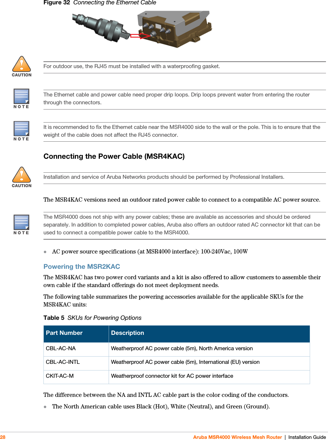 28 Aruba MSR4000 Wireless Mesh Router | Installation GuideFigure 32  Connecting the Ethernet CableConnecting the Power Cable (MSR4KAC)The MSR4KAC versions need an outdoor rated power cable to connect to a compatible AC power source.AC power source specifications (at MSR4000 interface): 100-240Vac, 100WPowering the MSR2KACThe MSR4KAC has two power cord variants and a kit is also offered to allow customers to assemble their own cable if the standard offerings do not meet deployment needs.The following table summarizes the powering accessories available for the applicable SKUs for the MSR4KAC units:The difference between the NA and INTL AC cable part is the color coding of the conductors. The North American cable uses Black (Hot), White (Neutral), and Green (Ground).!For outdoor use, the RJ45 must be installed with a waterproofing gasket.The Ethernet cable and power cable need proper drip loops. Drip loops prevent water from entering the router through the connectors.It is recommended to fix the Ethernet cable near the MSR4000 side to the wall or the pole. This is to ensure that the weight of the cable does not affect the RJ45 connector.!Installation and service of Aruba Networks products should be performed by Professional Installers.The MSR4000 does not ship with any power cables; these are available as accessories and should be ordered separately. In addition to completed power cables, Aruba also offers an outdoor rated AC connector kit that can be used to connect a compatible power cable to the MSR4000.Table 5  SKUs for Powering OptionsPart Number DescriptionCBL-AC-NA Weatherproof AC power cable (5m), North America versionCBL-AC-INTL Weatherproof AC power cable (5m), International (EU) versionCKIT-AC-M Weatherproof connector kit for AC power interface