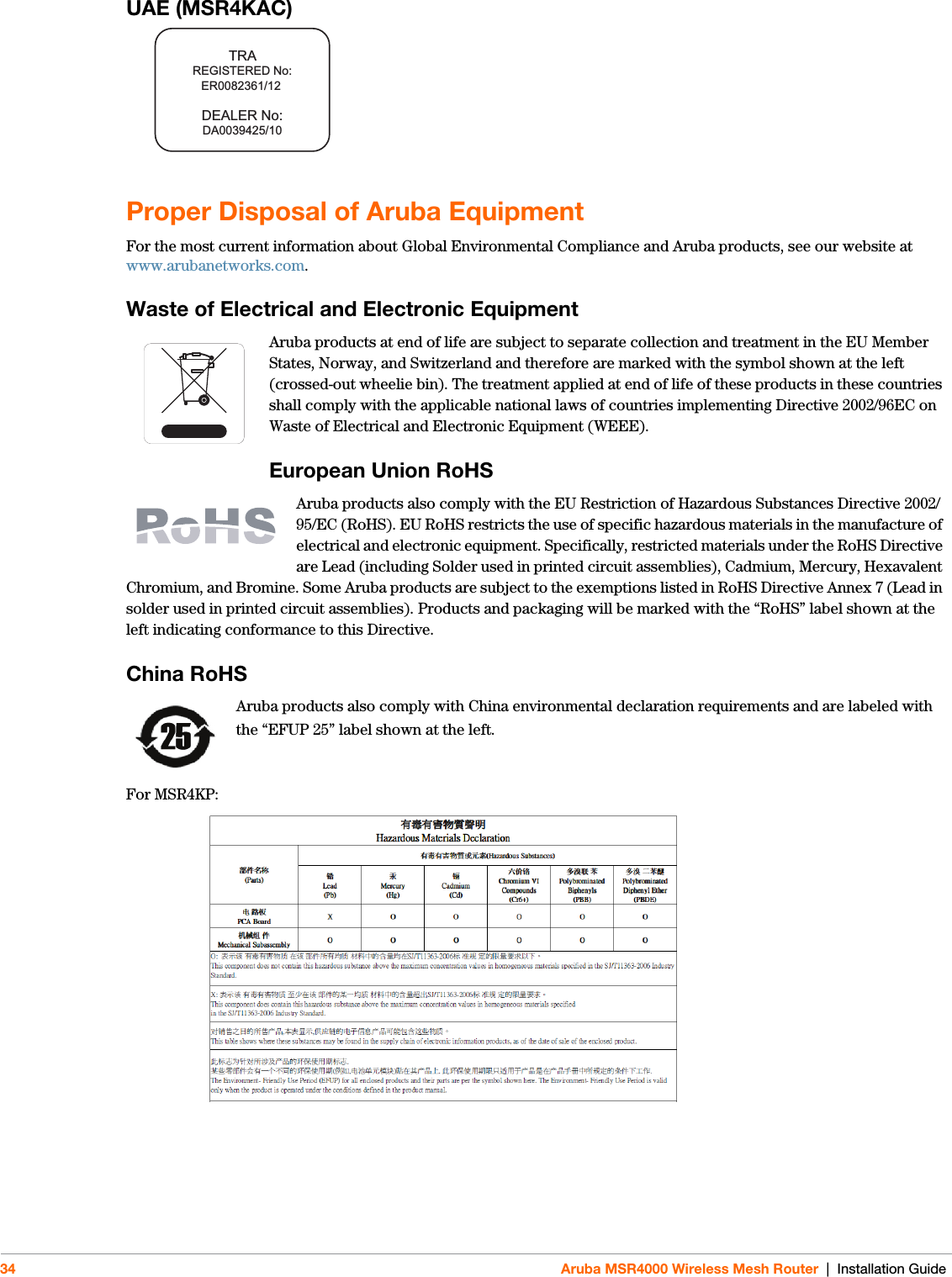 34 Aruba MSR4000 Wireless Mesh Router | Installation GuideUAE (MSR4KAC)Proper Disposal of Aruba EquipmentFor the most current information about Global Environmental Compliance and Aruba products, see our website at www.arubanetworks.com.Waste of Electrical and Electronic EquipmentAruba products at end of life are subject to separate collection and treatment in the EU Member States, Norway, and Switzerland and therefore are marked with the symbol shown at the left (crossed-out wheelie bin). The treatment applied at end of life of these products in these countries shall comply with the applicable national laws of countries implementing Directive 2002/96EC on Waste of Electrical and Electronic Equipment (WEEE).European Union RoHSAruba products also comply with the EU Restriction of Hazardous Substances Directive 2002/95/EC (RoHS). EU RoHS restricts the use of specific hazardous materials in the manufacture of electrical and electronic equipment. Specifically, restricted materials under the RoHS Directive are Lead (including Solder used in printed circuit assemblies), Cadmium, Mercury, Hexavalent Chromium, and Bromine. Some Aruba products are subject to the exemptions listed in RoHS Directive Annex 7 (Lead in solder used in printed circuit assemblies). Products and packaging will be marked with the “RoHS” label shown at the left indicating conformance to this Directive.China RoHSAruba products also comply with China environmental declaration requirements and are labeled with the “EFUP 25” label shown at the left.For MSR4KP:200202320GTRAREGISTERED No:DEALER No:DA0039425/10  ER0082361/12