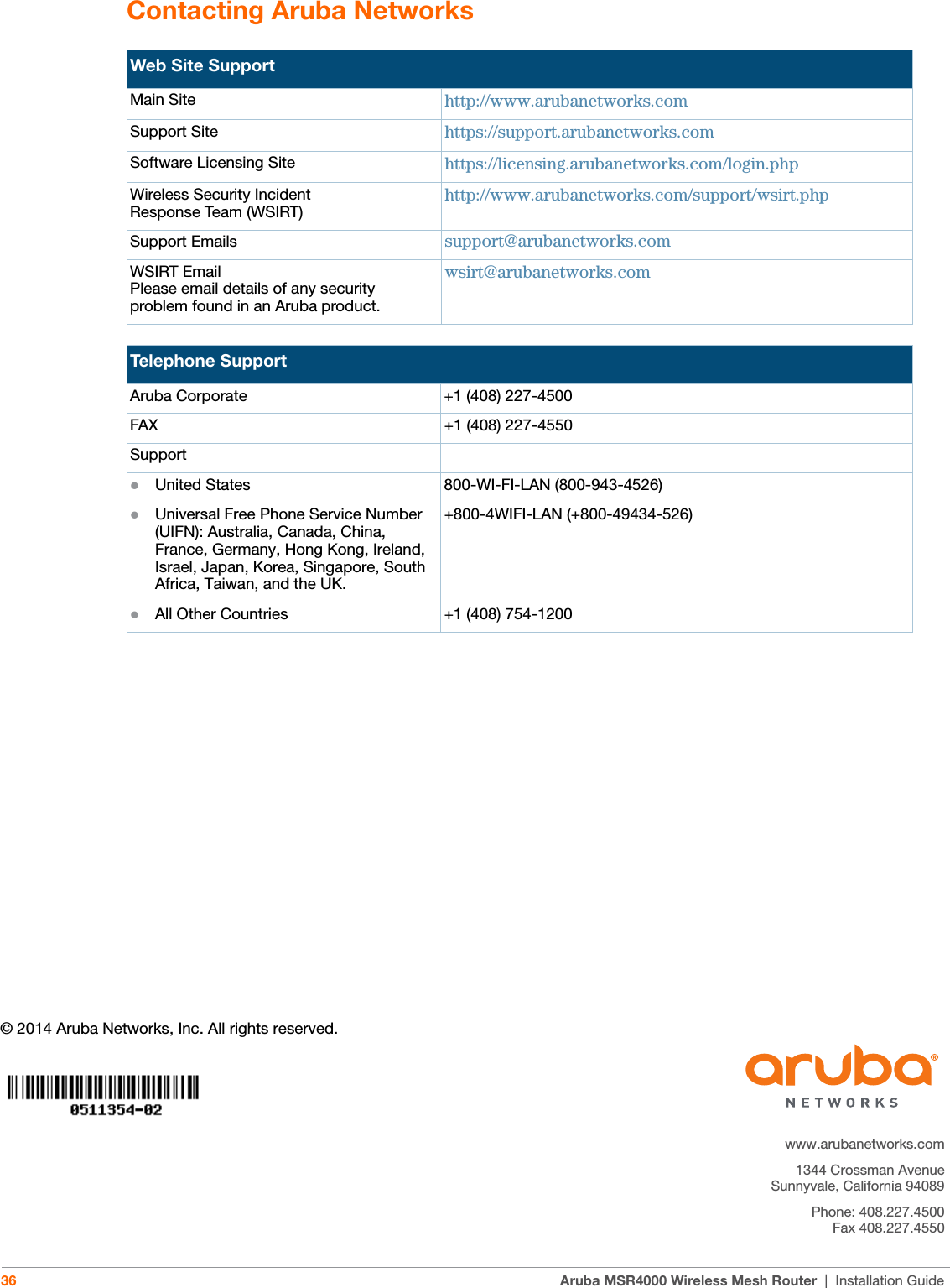 © 2014 Aruba Networks, Inc. All rights reserved.www.arubanetworks.com1344 Crossman AvenueSunnyvale, California 94089Phone: 408.227.4500Fax 408.227.455036 Aruba MSR4000 Wireless Mesh Router | Installation GuideContacting Aruba NetworksWeb Site SupportMain Site http://www.arubanetworks.com Support Site https://support.arubanetworks.com Software Licensing Site https://licensing.arubanetworks.com/login.phpWireless Security IncidentResponse Team (WSIRT)http://www.arubanetworks.com/support/wsirt.phpSupport Emails support@arubanetworks.com WSIRT EmailPlease email details of any securityproblem found in an Aruba product.wsirt@arubanetworks.comTelephone SupportAruba Corporate +1 (408) 227-4500FAX +1 (408) 227-4550SupportUnited States 800-WI-FI-LAN (800-943-4526)Universal Free Phone Service Number (UIFN): Australia, Canada, China, France, Germany, Hong Kong, Ireland, Israel, Japan, Korea, Singapore, South Africa, Taiwan, and the UK.+800-4WIFI-LAN (+800-49434-526)All Other Countries +1 (408) 754-1200