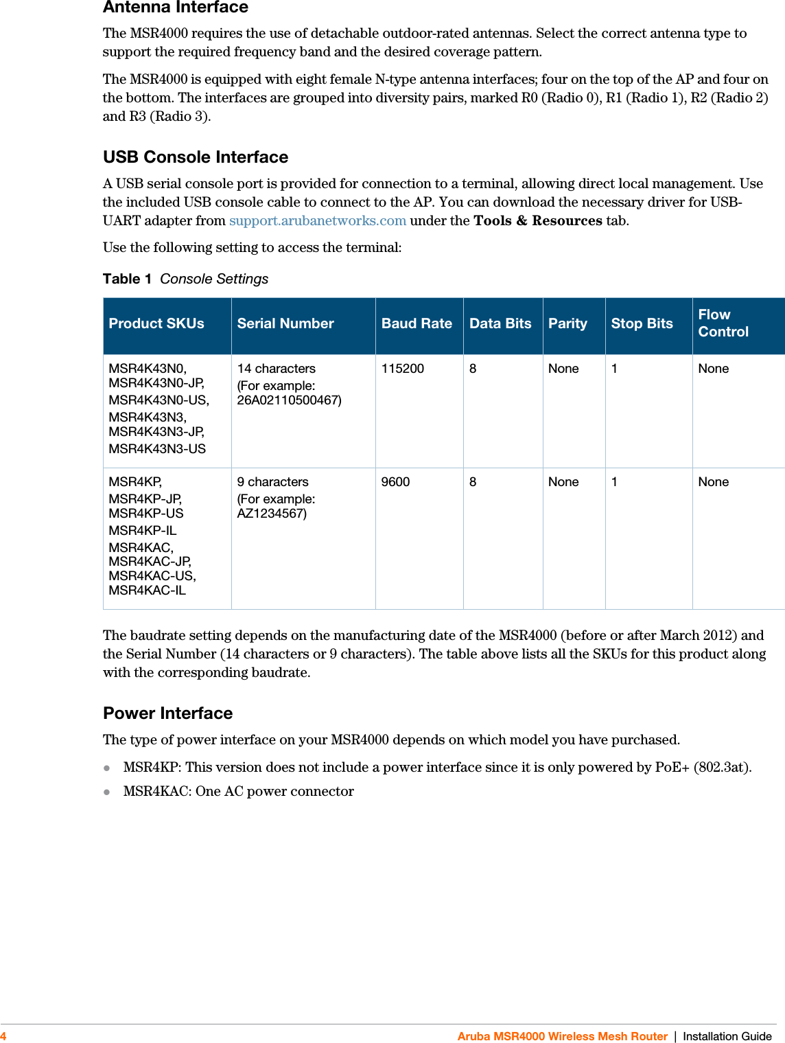 4Aruba MSR4000 Wireless Mesh Router | Installation GuideAntenna InterfaceThe MSR4000 requires the use of detachable outdoor-rated antennas. Select the correct antenna type to support the required frequency band and the desired coverage pattern. The MSR4000 is equipped with eight female N-type antenna interfaces; four on the top of the AP and four on the bottom. The interfaces are grouped into diversity pairs, marked R0 (Radio 0), R1 (Radio 1), R2 (Radio 2) and R3 (Radio 3). USB Console InterfaceA USB serial console port is provided for connection to a terminal, allowing direct local management. Use the included USB console cable to connect to the AP. You can download the necessary driver for USB-UART adapter from support.arubanetworks.com under the Tools &amp; Resources tab.Use the following setting to access the terminal:The baudrate setting depends on the manufacturing date of the MSR4000 (before or after March 2012) and the Serial Number (14 characters or 9 characters). The table above lists all the SKUs for this product along with the corresponding baudrate.Power InterfaceThe type of power interface on your MSR4000 depends on which model you have purchased.MSR4KP: This version does not include a power interface since it is only powered by PoE+ (802.3at).MSR4KAC: One AC power connector Table 1  Console SettingsProduct SKUs Serial Number Baud Rate Data Bits Parity Stop Bits Flow ControlMSR4K43N0, MSR4K43N0-JP, MSR4K43N0-US, MSR4K43N3, MSR4K43N3-JP,MSR4K43N3-US 14 characters (For example: 26A02110500467)115200 8 None 1 NoneMSR4KP, MSR4KP-JP, MSR4KP-USMSR4KP-ILMSR4KAC, MSR4KAC-JP, MSR4KAC-US, MSR4KAC-IL9 characters (For example: AZ1234567)9600 8 None 1 None