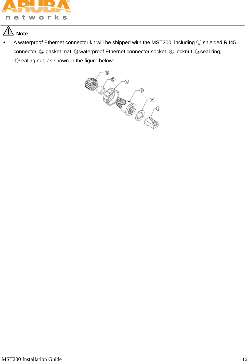   MST200 Installation Guide                                                                  16              Note    A waterproof Ethernet connector kit will be shipped with the MST200, including   shielded RJ45 ①connector,   gasket mat,  waterproof Ethernet connector socket,   locknut,  seal ring, ②③ ④⑤sealing nut, as shown in the figure below:⑥   