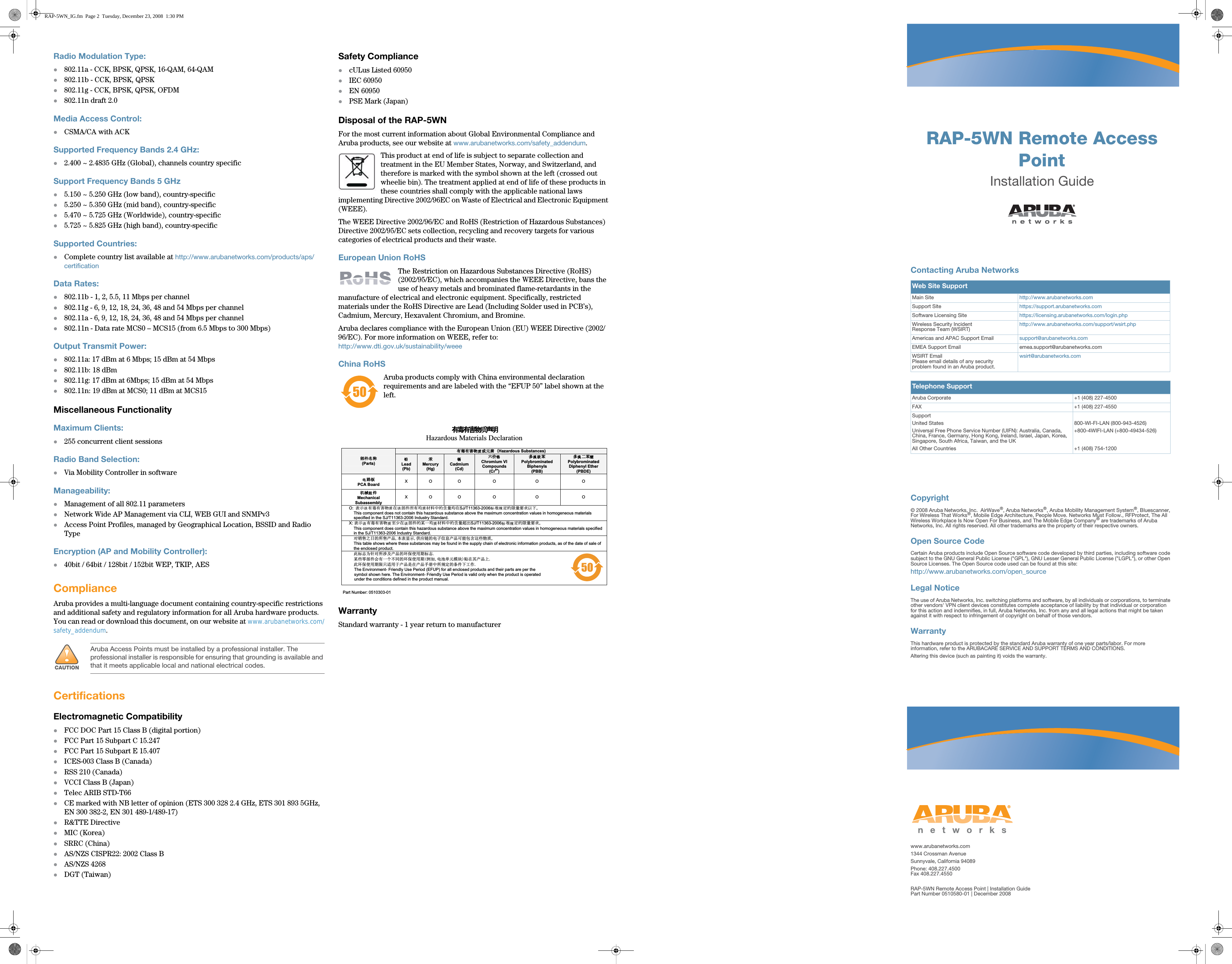  RAP-5WN Remote Access PointInstallation Guidewww.arubanetworks.com1344 Crossman AvenueSunnyvale, California 94089Phone: 408.227.4500Fax 408.227.4550RAP-5WN Remote Access Point | Installation GuidePart Number 0510580-01 | December 2008Contacting Aruba NetworksWeb Site SupportMain Site http://www.arubanetworks.com  Support Site https://support.arubanetworks.com  Software Licensing Site https://licensing.arubanetworks.com/login.phpWireless Security IncidentResponse Team (WSIRT)http://www.arubanetworks.com/support/wsirt.phpAmericas and APAC Support Email  support@arubanetworks.com  EMEA Support Email emea.support@arubanetworks.comWSIRT EmailPlease email details of any securityproblem found in an Aruba product.wsirt@arubanetworks.comTelephone SupportAruba Corporate +1 (408) 227-4500FAX +1 (408) 227-4550SupportUnited StatesUniversal Free Phone Service Number (UIFN): Australia, Canada, China, France, Germany, Hong Kong, Ireland, Israel, Japan, Korea, Singapore, South Africa, Taiwan, and the UKAll Other Countries800-WI-FI-LAN (800-943-4526)+800-4WIFI-LAN (+800-49434-526)+1 (408) 754-1200Copyright© 2008 Aruba Networks, Inc.  AirWave®, Aruba Networks®, Aruba Mobility Management System®, Bluescanner, For Wireless That Works®, Mobile Edge Architecture, People Move. Networks Must Follow., RFProtect, The All Wireless Workplace Is Now Open For Business, and The Mobile Edge Company® are trademarks of Aruba Networks, Inc. All rights reserved. All other trademarks are the property of their respective owners.Open Source CodeCertain Aruba products include Open Source software code developed by third parties, including software code subject to the GNU General Public License (&quot;GPL&quot;), GNU Lesser General Public License (&quot;LGPL&quot;), or other Open Source Licenses. The Open Source code used can be found at this site:http://www.arubanetworks.com/open_sourceLegal NoticeThe use of Aruba Networks, Inc. switching platforms and software, by all individuals or corporations, to terminate other vendors&apos; VPN client devices constitutes complete acceptance of liability by that individual or corporation for this action and indemnifies, in full, Aruba Networks, Inc. from any and all legal actions that might be taken against it with respect to infringement of copyright on behalf of those vendors.WarrantyThis hardware product is protected by the standard Aruba warranty of one year parts/labor. For more information, refer to the ARUBACARE SERVICE AND SUPPORT TERMS AND CONDITIONS.Altering this device (such as painting it) voids the warranty.Radio Modulation Type:z802.11a - CCK, BPSK, QPSK, 16-QAM, 64-QAMz802.11b - CCK, BPSK, QPSKz802.11g - CCK, BPSK, QPSK, OFDMz802.11n draft 2.0Media Access Control:zCSMA/CA with ACKSupported Frequency Bands 2.4 GHz:z2.400 ~ 2.4835 GHz (Global), channels country specificSupport Frequency Bands 5 GHzz5.150 ~ 5.250 GHz (low band), country-specificz5.250 ~ 5.350 GHz (mid band), country-specificz5.470 ~ 5.725 GHz (Worldwide), country-specificz5.725 ~ 5.825 GHz (high band), country-specificSupported Countries:zComplete country list available at http://www.arubanetworks.com/products/aps/certificationData Rates:z802.11b - 1, 2, 5.5, 11 Mbps per channelz802.11g - 6, 9, 12, 18, 24, 36, 48 and 54 Mbps per channelz802.11a - 6, 9, 12, 18, 24, 36, 48 and 54 Mbps per channelz802.11n - Data rate MCS0 – MCS15 (from 6.5 Mbps to 300 Mbps)Output Transmit Power:z802.11a: 17 dBm at 6 Mbps; 15 dBm at 54 Mbpsz802.11b: 18 dBmz802.11g: 17 dBm at 6Mbps; 15 dBm at 54 Mbpsz802.11n: 19 dBm at MCS0; 11 dBm at MCS15Miscellaneous FunctionalityMaximum Clients:z255 concurrent client sessionsRadio Band Selection:zVia Mobility Controller in softwareManageability:zManagement of all 802.11 parameterszNetwork Wide AP Management via CLI, WEB GUI and SNMPv3zAccess Point Profiles, managed by Geographical Location, BSSID and Radio TypeEncryption (AP and Mobility Controller):z40bit / 64bit / 128bit / 152bit WEP, TKIP, AESComplianceAruba provides a multi-language document containing country-specific restrictions and additional safety and regulatory information for all Aruba hardware products. You can read or download this document, on our website at www.arubanetworks.com/safety_addendum.CertificationsElectromagnetic CompatibilityzFCC DOC Part 15 Class B (digital portion)zFCC Part 15 Subpart C 15.247zFCC Part 15 Subpart E 15.407zICES-003 Class B (Canada)zRSS 210 (Canada)zVCCI Class B (Japan)zTelec ARIB STD-T66zCE marked with NB letter of opinion (ETS 300 328 2.4 GHz, ETS 301 893 5GHz, EN 300 382-2, EN 301 489-1/489-17)zR&amp;TTE DirectivezMIC (Korea)zSRRC (China)zAS/NZS CISPR22: 2002 Class BzAS/NZS 4268zDGT (Taiwan)Safety CompliancezcULus Listed 60950zIEC 60950zEN 60950zPSE Mark (Japan)Disposal of the RAP-5WNFor the most current information about Global Environmental Compliance and Aruba products, see our website at www.arubanetworks.com/safety_addendum.This product at end of life is subject to separate collection and treatment in the EU Member States, Norway, and Switzerland, and therefore is marked with the symbol shown at the left (crossed out wheelie bin). The treatment applied at end of life of these products in these countries shall comply with the applicable national laws implementing Directive 2002/96EC on Waste of Electrical and Electronic Equipment (WEEE).The WEEE Directive 2002/96/EC and RoHS (Restriction of Hazardous Substances) Directive 2002/95/EC sets collection, recycling and recovery targets for various categories of electrical products and their waste.European Union RoHSThe Restriction on Hazardous Substances Directive (RoHS) (2002/95/EC), which accompanies the WEEE Directive, bans the use of heavy metals and brominated flame-retardants in the manufacture of electrical and electronic equipment. Specifically, restricted materials under the RoHS Directive are Lead (Including Solder used in PCB’s), Cadmium, Mercury, Hexavalent Chromium, and Bromine.Aruba declares compliance with the European Union (EU) WEEE Directive (2002/96/EC). For more information on WEEE, refer to: http://www.dti.gov.uk/sustainability/weeeChina RoHSAruba products comply with China environmental declaration requirements and are labeled with the “EFUP 50” label shown at the left.WarrantyStandard warranty - 1 year return to manufacturer!CAUTIONAruba Access Points must be installed by a professional installer. The professional installer is responsible for ensuring that grounding is available and that it meets applicable local and national electrical codes.᦭Ქ᦭ኂ‛ ჿ᣿䋼 Hazardous Materials Declaration  ᦭Ქ᦭ኂ‛䋼ᚗర⚛Hazardous Substances) ㇱઙฬ⒓(Parts) 䪙Lead (Pb) ᳮMercury (Hg) 䬝Cadmium (Cd) ౐ચ䫀Chromium VI Compounds (Cr6+) ᄙ⒈ 㘨 ⧶Polybrominated Biphenyls  (PBB) ᄙ⒈ੑ䝮⧶Polybrominated Diphenyl Ether (PBDE) ⬉〝᧼PCA Board  X O O O O O ᧍᪾㒘ઙMechanical Subassembly X O O O O O O:⴫␜䆹᦭Ქ᦭ኂ‛䋼࿷䆹ㇱઙᚲ᦭ဋ䋼᧚ᢱਛ⊛฽㊂ဋ࿷SJ/T11363-2006ᷛಎ㾘ቯ⊛㒢㊂ⷐ᳞એਅޕ This component does not contain this hazardous substance above the maximum concentration values in homogeneous materials specified in the SJ/T11363-2006 Industry Standard. X: ⴫␜䆹᦭Ქ᦭ኂ‛䋼⥋ዋ࿷䆹ㇱઙ⊛ᨱ৻ဋ䋼᧚ᢱਛ⊛฽㊂⿥಴SJ/T11363-2006ᷛಎ㾘ቯ⊛㒢㊂ⷐ᳞ޕ This component does contain this hazardous substance above the maximum concentration values in homogeneous materials specified in the SJ/T11363-2006 Industry Standard. ᇍ䫔ଂП᮹ⱘ᠔ଂѻકᴀ㸼ᰒ⼎կᑨ䫒ⱘ⬉ᄤֵᙃѻકৃ㛑ࣙ৿䖭ѯ⠽䋼ޕThis table shows where these substances may be found in the supply chain of electronic information products, as of the date of sale of the enclosed product. ℸᷛᖫЎ䩜ᇍ᠔⍝ঞѻકⱘ⦃ֱՓ⫼ᳳᷛᖫᶤѯ䳊䚼ӊӮ᳝ϔϾϡৠⱘ⦃ֱՓ⫼ᳳ՟བ⬉∴ऩܗ῵ഫ䌈೼݊ѻકϞℸ⦃ֱՓ⫼ᳳ䰤া䗖⫼Ѣѻકᰃ೼ѻક᠟ݠЁ᠔㾘ᅮⱘᴵӊϟᎹ԰The Environment- Friendly Use Period (EFUP) for all enclosed products and their parts are per the  symbol shown here. The Environment- Friendly Use Period is valid only when the product is operated  under the conditions defined in the product manual. Part Number: 0510303-01 RAP-5WN_IG.fm  Page 2  Tuesday, December 23, 2008  1:30 PM