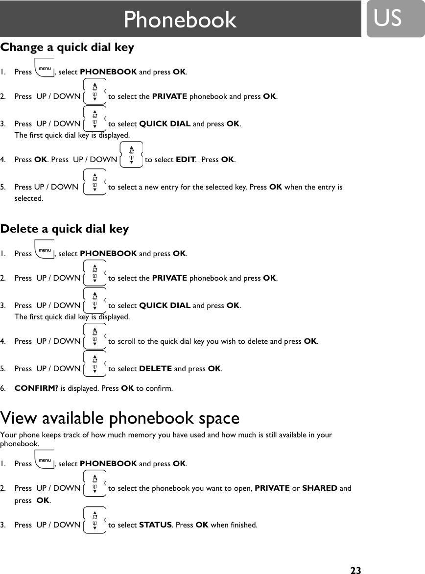 23USChange a quick dial key1. Press , select PHONEBOOK and press OK.2. Press  UP / DOWN   to select the PRIVATE phonebook and press OK.3. Press  UP / DOWN   to select QUICK DIAL and press OK.The first quick dial key is displayed.4. Press OK. Press  UP / DOWN   to select EDIT.  Press OK.5. Press UP / DOWN    to select a new entry for the selected key. Press OK when the entry is selected.Delete a quick dial key1. Press , select PHONEBOOK and press OK.2. Press  UP / DOWN   to select the PRIVATE phonebook and press OK.3. Press  UP / DOWN   to select QUICK DIAL and press OK.The first quick dial key is displayed.4. Press  UP / DOWN   to scroll to the quick dial key you wish to delete and press OK.5. Press  UP / DOWN   to select DELETE and press OK.6. CONFIRM? is displayed. Press OK to confirm.View available phonebook spaceYour phone keeps track of how much memory you have used and how much is still available in your phonebook.1. Press , select PHONEBOOK and press OK.2. Press  UP / DOWN   to select the phonebook you want to open, PRIVATE or SHARED and press  OK.3. Press  UP / DOWN   to select STATUS. Press OK when finished.Phonebook