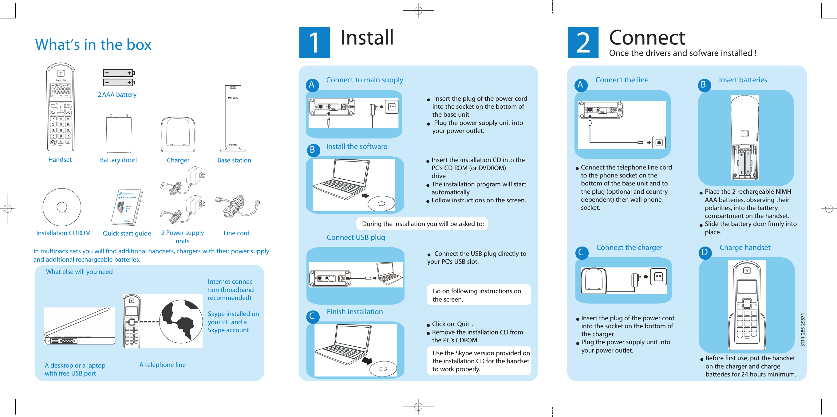 What&rsquo;s in the boxWhat else will you needHandset Charger2 Power supplyunitsQuick start guide123ConnectInstallEnjoyWelcomeQuick start guideInstallation CDROMInternet connec-tion (broadbandrecommended)Skype installed onyour PC and aSkype accountA desktop or a laptopwith free USB port1InstallInstall the softwareInsert the installation CD into the PC&rsquo;s CD ROM (or DVDROM) driveThe installation program will start automaticallyFollow instructions on the screen.2ConnectOnce the drivers and sofware installed !Connect the lineAConnect the telephone line cord to the phone socket on the bottom of the base unit and to the plug (optional and country dependent) then wall phone socket.17592 582 1113Battery doorl2 AAA batteryBase stationLine cordInsert batteriesBPlace the 2 rechargeable NiMH AAA batteries, observing their polarities, into the battery compartment on the handset.Slide the battery door firmly into place.Connect the chargerCInsert the plug of the power cord into the socket on the bottom of the charger.Plug the power supply unit into your power outlet.Charge handsetDBefore first use, put the handset on the charger and charge batteries for 24 hours minimum.A telephone lineIn multipack sets you will find additional handsets, chargers with their power supplyand additional rechargeable batteries.During the installation you will be asked to:Connect USB plugConnect the USB plug directly toyour PC&rsquo;s USB slot.Finish installationCUse the Skype version provided onthe installation CD for the handsetto work properly.Click on  Quit .Remove the installation CD from the PC&rsquo;s CDROM.Go on following instructions on the screen.Connect to main supplyInsert the plug of the power cord into the socket on the bottom of the base unitPlug the power supply unit into your power outlet.AB