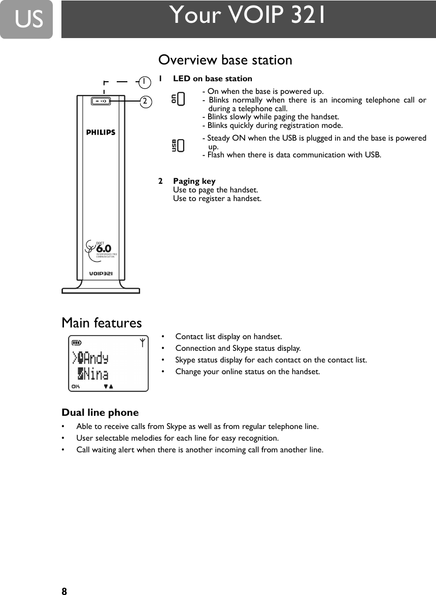 8USMain features&bull; Contact list display on handset. &bull; Connection and Skype status display.&bull; Skype status display for each contact on the contact list.&bull; Change your online status on the handset.Dual line phone&bull; Able to receive calls from Skype as well as from regular telephone line.&bull; User selectable melodies for each line for easy recognition.&bull; Call waiting alert when there is another incoming call from another line.21Overview base station1 LED on base station2Paging keyUse to page the handset.Use to register a handset.- On when the base is powered up.- Blinks normally when there is an incoming telephone call orduring a telephone call.- Blinks slowly while paging the handset.- Blinks quickly during registration mode.- Steady ON when the USB is plugged in and the base is poweredup.- Flash when there is data communication with USB.Your VOIP 321