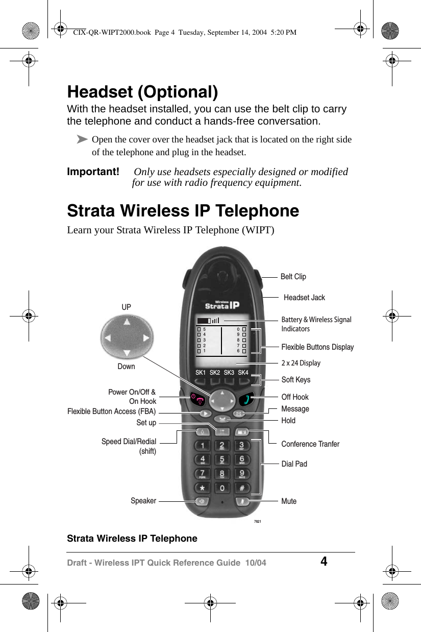 Draft - Wireless IPT Quick Reference Guide  10/04 4Headset (Optional)With the headset installed, you can use the belt clip to carry the telephone and conduct a hands-free conversation.&sup3;Open the cover over the headset jack that is located on the right side of the telephone and plug in the headset.Important! Only use headsets especially designed or modified for use with radio frequency equipment.Strata Wireless IP TelephoneLearn your Strata Wireless IP Telephone (WIPT)Strata Wireless IP Telephone2 x 24 DisplayBattery &amp; Wireless Signal IndicatorsSoft KeysSK1 SK2 SK3 SK4Dial PadOff HookPower On/Off &amp;On HookFlexible Button Access (FBA)Set upSpeed Dial/Redial(shift)SpeakerFlexible Buttons DisplayUPDownMessageHoldConference TranferMute7621Belt ClipHeadset Jack5432109876CIX-QR-WIPT2000.book  Page 4  Tuesday, September 14, 2004  5:20 PM