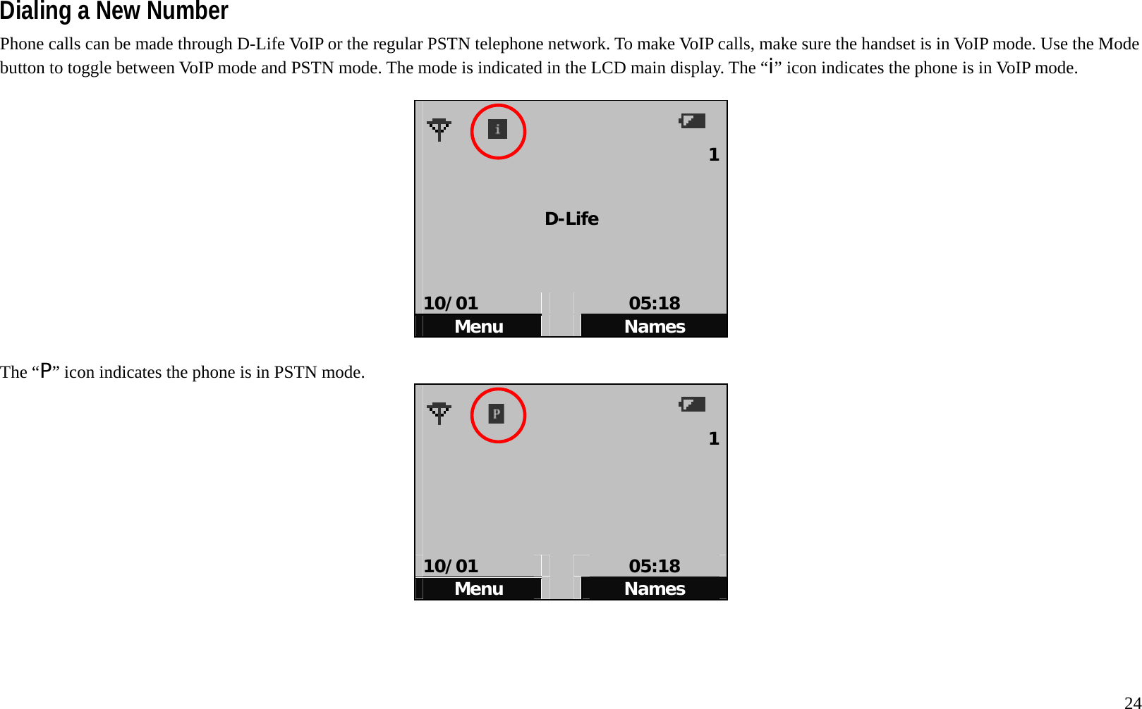   24 Dialing a New Number Phone calls can be made through D-Life VoIP or the regular PSTN telephone network. To make VoIP calls, make sure the handset is in VoIP mode. Use the Mode button to toggle between VoIP mode and PSTN mode. The mode is indicated in the LCD main display. The &ldquo;i&rdquo; icon indicates the phone is in VoIP mode.        1  D-Life    10/01   05:18 Menu   Names  The &ldquo;P&rdquo; icon indicates the phone is in PSTN mode.    1     10/01   05:18 Menu   Names 