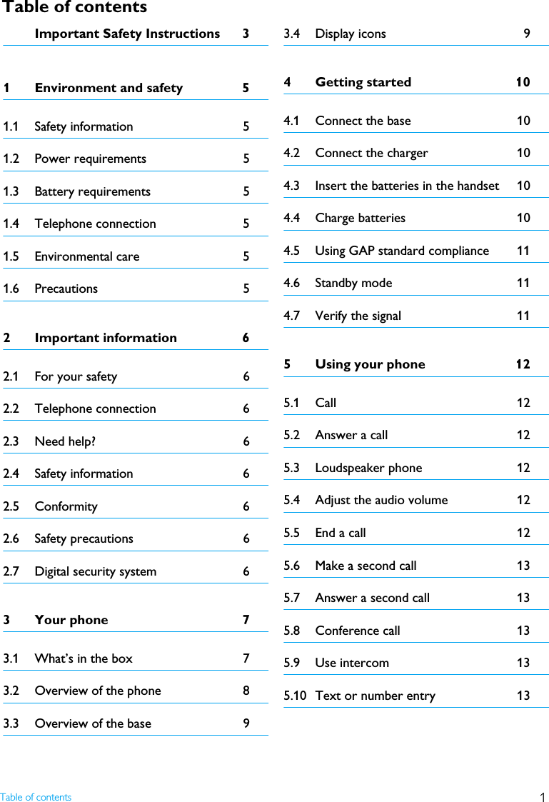 1Table of contentsTable of contentsImportant Safety Instructions  31 Environment and safety  51.1 Safety information  51.2 Power requirements  51.3 Battery requirements  51.4 Telephone connection  51.5 Environmental care  51.6 Precautions 52 Important information  62.1 For your safety  62.2 Telephone connection  62.3 Need help?  62.4 Safety information  62.5 Conformity 62.6 Safety precautions  62.7 Digital security system  63 Your phone  73.1 What&rsquo;s in the box  73.2 Overview of the phone  83.3 Overview of the base  93.4 Display icons  94 Getting started  104.1 Connect the base  104.2 Connect the charger  104.3 Insert the batteries in the handset  104.4 Charge batteries  104.5 Using GAP standard compliance  114.6 Standby mode  114.7 Verify the signal  115 Using your phone  125.1 Call 125.2 Answer a call  125.3 Loudspeaker phone  125.4 Adjust the audio volume  125.5 End a call  125.6 Make a second call  135.7 Answer a second call  135.8 Conference call  135.9 Use intercom  135.10 Text or number entry  13