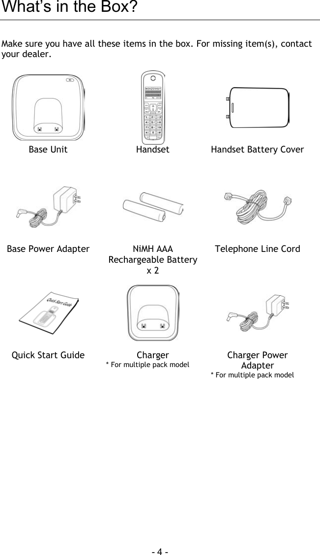  - 4 - What&rsquo;s in the Box? Make sure you have all these items in the box. For missing item(s), contact your dealer.     Base Unit  Handset  Handset Battery Cover     Base Power Adapter  NiMH AAA Rechargeable Battery  x 2 Telephone Line Cord      Quick Start Guide   Charger  * For multiple pack model  Charger Power Adapter * For multiple pack model          