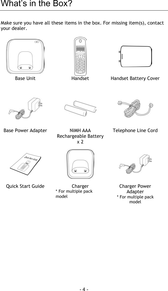  - 4 - What&rsquo;s in the Box? Make sure you have all these items in the box. For missing item(s), contact your dealer.     Base Unit  Handset  Handset Battery Cover     Base Power Adapter  NiMH AAA Rechargeable Battery  x 2 Telephone Line Cord      Quick Start Guide   Charger  * For multiple pack model Charger Power Adapter * For multiple pack model         