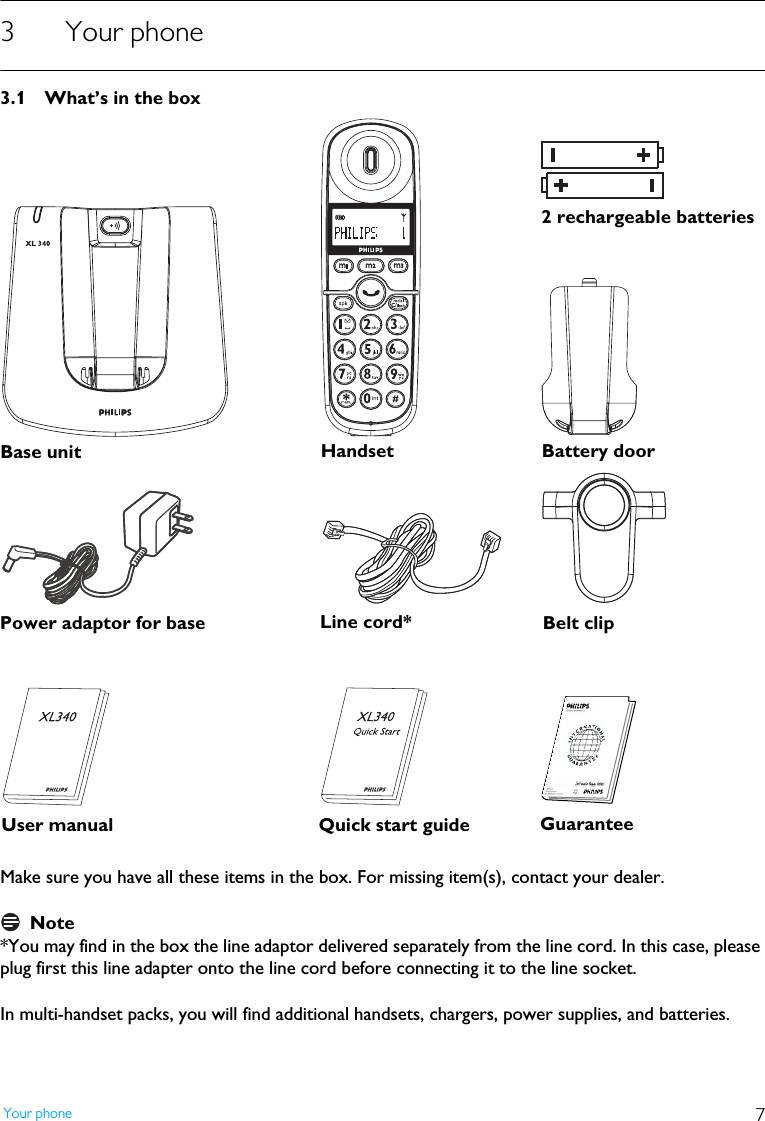 7Your phone3Your phone3.1 What&rsquo;s in the boxMake sure you have all these items in the box. For missing item(s), contact your dealer.Note*You may find in the box the line adaptor delivered separately from the line cord. In this case, please plug first this line adapter onto the line cord before connecting it to the line socket.In multi-handset packs, you will find additional handsets, chargers, power supplies, and batteries.Handset Battery doorBase unitQuick start guide Guarantee2 rechargeable batteriesPower adaptor for base Line cord*User manualBelt clip