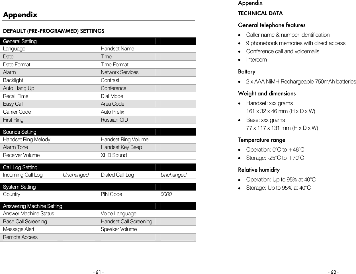  - 61 - Appendix DEFAULT (PRE-PROGRAMMED) SETTINGS General Setting       Language   Handset Name   Date   Time   Date Format    Time Format   Alarm   Network Services   Backlight   Contrast   Auto Hang Up   Conference   Recall Time   Dial Mode   Easy Call   Area Code   Carrier Code   Auto Prefix   First Ring   Russian CID    Sounds Setting       Handset Ring Melody   Handset Ring Volume   Alarm Tone    Handset Key Beep   Receiver Volume    XHD Sound    Call Log Setting       Incoming Call Log  Unchanged  Dialed Call Log  Unchanged  System Setting       Country   PIN Code  0000  Answering Machine Setting     Answer Machine Status   Voice Language   Base Call Screening    Handset Call Screening   Message Alert   Speaker Volume   Remote Access      Appendix - 62 - TECHNICAL DATA General telephone features &bull;  Caller name &amp; number identification &bull;  9 phonebook memories with direct access &bull;  Conference call and voicemails &bull;  Intercom Battery &bull;  2 x AAA NiMH Rechargeable 750mAh batteries Weight and dimensions &bull;  Handset: xxx grams 161 x 32 x 46 mm (H x D x W) &bull;  Base: xxx grams 77 x 117 x 131 mm (H x D x W) Temperature range &bull;  Operation: 0&deg;C to +46&deg;C  &bull;  Storage: -25&deg;C to +70&deg;C  Relative humidity &bull;  Operation: Up to 95% at 40&deg;C  &bull;  Storage: Up to 95% at 40&deg;C  