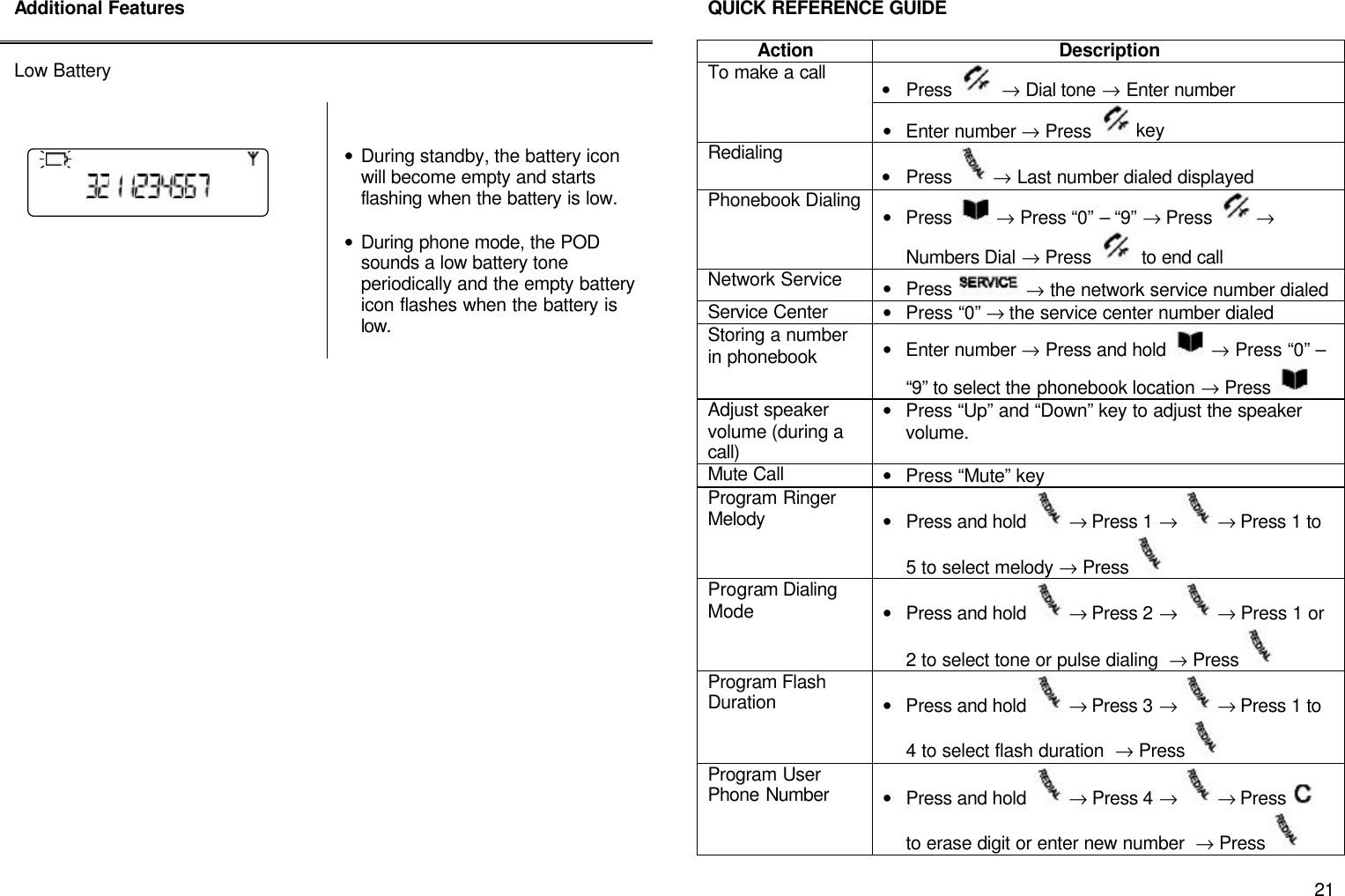       21 Additional Features   Low Battery       &bull; During standby, the battery icon will become empty and starts flashing when the battery is low.  &bull; During phone mode, the POD sounds a low battery tone periodically and the empty battery icon flashes when the battery is low.                          QUICK REFERENCE GUIDE  Action Description To make a call &bull; Press   &rarr; Dial tone &rarr; Enter number  &bull; Enter number &rarr; Press  key  Redialing &bull; Press   &rarr; Last number dialed displayed Phonebook Dialing &bull; Press  &rarr; Press &ldquo;0&rdquo; &ndash; &ldquo;9&rdquo; &rarr; Press  &rarr; Numbers Dial &rarr; Press   to end call Network Service &bull; Press   &rarr; the network service number dialed Service Center &bull; Press &ldquo;0&rdquo; &rarr; the service center number dialed Storing a number in phonebook &bull; Enter number &rarr; Press and hold  &rarr; Press &ldquo;0&rdquo; &ndash; &ldquo;9&rdquo; to select the phonebook location &rarr; Press   Adjust speaker volume (during a call) &bull; Press &ldquo;Up&rdquo; and &ldquo;Down&rdquo; key to adjust the speaker volume. Mute Call &bull; Press &ldquo;Mute&rdquo; key  Program Ringer Melody &bull; Press and hold   &rarr; Press 1 &rarr;   &rarr; Press 1 to 5 to select melody &rarr; Press   Program Dialing Mode &bull; Press and hold   &rarr; Press 2 &rarr;   &rarr; Press 1 or 2 to select tone or pulse dialing  &rarr; Press   Program Flash Duration &bull; Press and hold   &rarr; Press 3 &rarr;   &rarr; Press 1 to 4 to select flash duration  &rarr; Press   Program User Phone Number &bull; Press and hold   &rarr; Press 4 &rarr;   &rarr; Press    to erase digit or enter new number  &rarr; Press    
