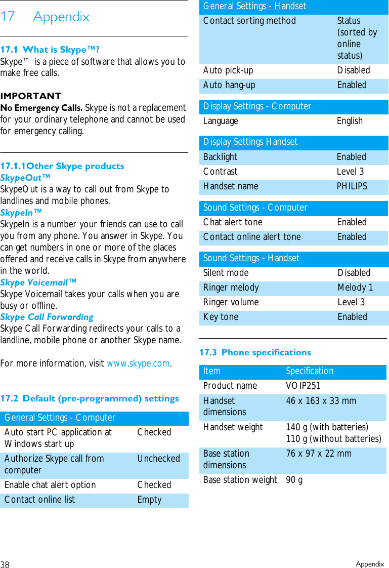 38 Appendix17 Appendix17.1 What is Skype&trade;?Skype&trade; is a piece of software that allows you to make free calls.IMPORTANTNo Emergency Calls. Skype is not a replacement for your ordinary telephone and cannot be used for emergency calling.17.1.1Other Skype productsSkypeOut&trade;SkypeOut is a way to call out from Skype to landlines and mobile phones. SkypeIn&trade; SkypeIn is a number your friends can use to call you from any phone. You answer in Skype. You can get numbers in one or more of the places offered and receive calls in Skype from anywhere in the world.Skype Voicemail&trade;Skype Voicemail takes your calls when you are busy or offline.Skype Call ForwardingSkype Call Forwarding redirects your calls to a landline, mobile phone or another Skype name. For more information, visit www.skype.com.17.2 Default (pre-programmed) settings17.3 Phone specificationsGeneral Settings - ComputerAuto start PC application at Windows start up CheckedAuthorize Skype call from computer UncheckedEnable chat alert option CheckedContact online list EmptyGeneral Settings - HandsetContact sorting method Status (sorted by online status)Auto pick-up DisabledAuto hang-up EnabledDisplay Settings - ComputerLanguage EnglishDisplay Settings HandsetBacklight EnabledContrast Level 3Handset name  PHILIPS Sound Settings - ComputerChat alert tone EnabledContact online alert tone EnabledSound Settings - HandsetSilent mode DisabledRinger melody Melody 1 Ringer volume Level 3Key tone EnabledItem SpecificationProduct name VOIP251Handset dimensions 46 x 163 x 33 mmHandset weight 140 g (with batteries)110 g (without batteries)Base station dimensions 76 x 97 x 22 mmBase station weight 90 g