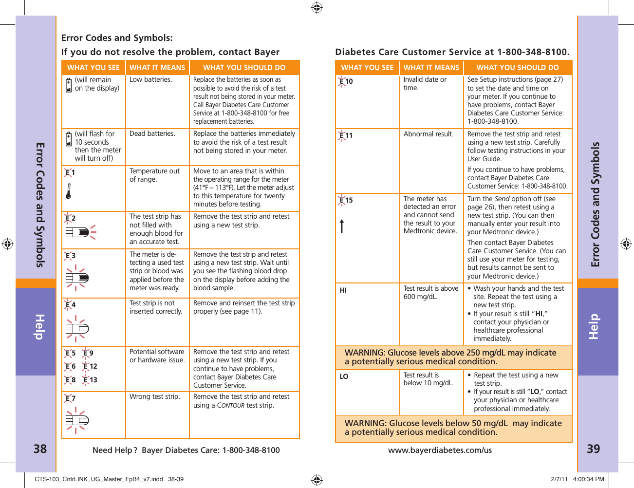 Help38 Need Help ?  Bayer Diabetes Care: 1-800-348-8100Help39www.bayerdiabetes.com/usError Codes and SymbolsWHAT YOU SEE WHAT IT MEANS WHAT YOU SHOULD DO (will remain on the display)Low batteries.Replace the batteries as soon as possible to avoid the risk of a test result not being stored in your meter. Call Bayer Diabetes Care Customer Service at 1-800-348-8100 for free replacement batteries. (will ﬂ ash for 10 seconds then the meter will turn off)Dead batteries. Replace the batteries immediately to avoid the risk of a test result not being stored in your meter.E 1 Temperature out of range.Move to an area that is within the operating range for the meter (41°F – 113°F). Let the meter adjust to this temperature for twenty minutes before testing.E 2 The test strip has not ﬁ lled with enough blood for an accurate test.Remove the test strip and retest using a new test strip.E 3 The meter is de-tecting a used test strip or blood was applied before the meter was ready.Remove the test strip and retest using a new test strip. Wait until you see the ﬂ ashing blood drop on the display before adding the blood sample.E 4 Test strip is not inserted correctly.Remove and reinsert the test strip properly (see page 11).E 5    E 9E 6    E 12E 8    E 13Potential software or hardware issue.Remove the test strip and retest using a new test strip. If you continue to have problems, contact Bayer Diabetes Care Customer Service.E 7 Wrong test strip. Remove the test strip and retest using a CONTOUR test strip.If you do not resolve the problem, contact Bayer Error Codes and Symbols:Diabetes Care Customer Service at 1-800-348-8100.WHAT YOU SEE WHAT IT MEANS WHAT YOU SHOULD DOE 10 Invalid date or time.See Setup instructions (page 27) to set the date and time on your meter. If you continue to have problems, contact Bayer Diabetes Care Customer Service: 1-800-348-8100.E 11 Abnormal result.Remove the test strip and retest using a new test strip. Carefully follow testing instructions in your User Guide. If you continue to have problems, contact Bayer Diabetes Care Customer Service: 1-800-348-8100.E 15 The meter has detected an error and cannot send the result to your Medtronic device.Turn the Send option off (see page 26), then retest using a new test strip. (You can then manually enter your result into your Medtronic device.)Then contact Bayer Diabetes Care Customer Service. (You can still use your meter for testing, but results cannot be sent to your Medtronic device.)HI Test result is above 600 mg/dL.• Wash your hands and the test   site. Repeat the test using a   new test strip.• If your result is still “HI,”   contact your physician or  healthcare professional  immediately.WARNING: Glucose levels above 250 mg/dL may indicate a potentially serious medical condition.LO Test result is below 10 mg/dL.•  Repeat the test using a new test strip.•  If your result is still “LO,” contact   your physician or healthcare  professional immediately.WARNING: Glucose levels below 50 mg/dL  may indicate a potentially serious medical condition.Error Codes and SymbolsCTS-103_CntrLINK_UG_Master_FpB4_v7.indd   38-39CTS-103_CntrLINK_UG_Master_FpB4_v7.indd   38-39 2/7/11   4:00:34 PM2/7/11   4:00:34 PM