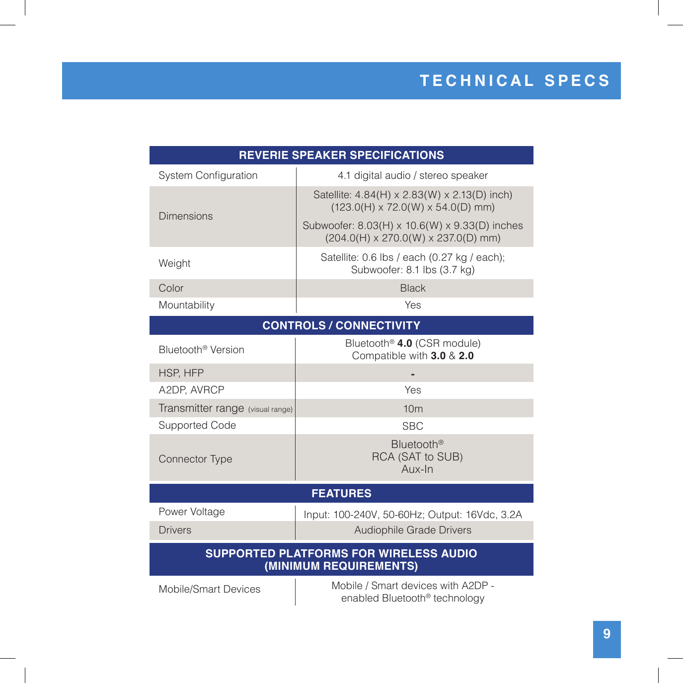 System Conguration 4.1 digital audio / stereo speakerDimensionsSatellite: 4.84(H) x 2.83(W) x 2.13(D) inch)(123.0(H) x 72.0(W) x 54.0(D) mm)Subwoofer: 8.03(H) x 10.6(W) x 9.33(D) inches(204.0(H) x 270.0(W) x 237.0(D) mm)Weight Satellite: 0.6 lbs / each (0.27 kg / each);Subwoofer: 8.1 lbs (3.7 kg)Color BlackMountability YesBluetooth® Version Bluetooth® 4.0 (CSR module)Compatible with 3.0 &amp; 2.0HSP, HFP -A2DP, AVRCP Yes10mSupported Code SBCConnector TypePower Voltage Input: 100-240V, 50-60Hz; Output: 16Vdc, 3.2ADrivers Audiophile Grade DriversMobile/Smart Devices Mobile / Smart devices with A2DP -  enabled Bluetooth® technologyREVERIE SPEAKER SPECIFICATIONSFEATURESSUPPORTED PLATFORMS FOR WIRELESS AUDIO(MINIMUM REQUIREMENTS)Transmitter range  (visual range)9TECHNICAL SPECSBluetooth®RCA (SAT to SUB)Aux-InCONTROLS / CONNECTIVITY