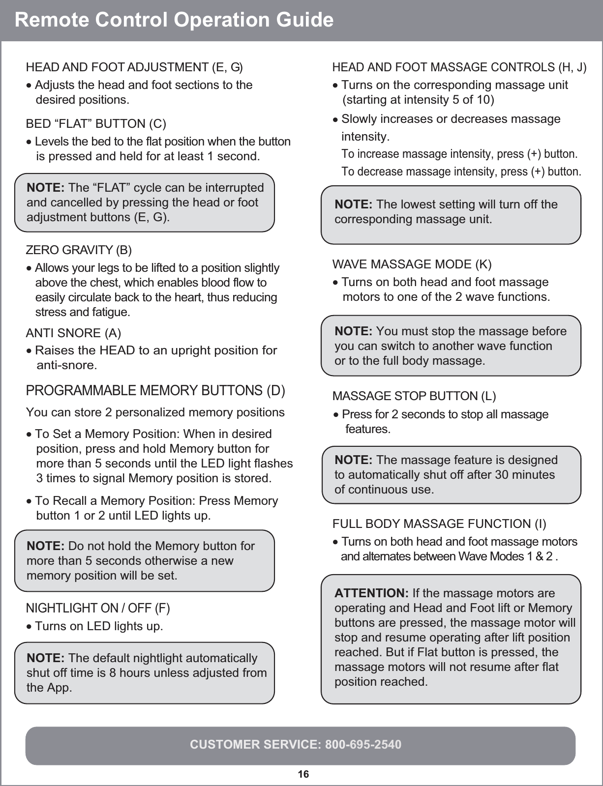 CUSTOMER SERVICE: 800-695-254016 HEAD AND FOOT ADJUSTMENT (E, G)• Adjusts the head and foot sections to the   desired positions. PROGRAMMABLE MEMORY BUTTONS (D)NIGHTLIGHT ON / OFF (F)BED “FLAT” BUTTON (C)• Levels the bed to the flat position when the button   is pressed and held for at least 1 second. NOTE: The “FLAT” cycle can be interruptedand cancelled by pressing the head or footadjustment buttons (E, G). ZERO GRAVITY (B)• Allows your legs to be lifted to a position slightly    above the chest, which enables blood flow to     easily circulate back to the heart, thus reducing     stress and fatigue.ANTI SNORE (A)• Raises the HEAD to an upright position for   anti-snore.NOTE: The lowest setting will turn off thecorresponding massage unit.WAVE MASSAGE MODE (K)• Turns on both head and foot massage   motors to one of the 2 wave functions.NOTE: You must stop the massage beforeyou can switch to another wave functionor to the full body massage. MASSAGE STOP BUTTON (L)• Press for 2 seconds to stop all massage     features.NOTE: The massage feature is designedto automatically shut off after 30 minutes of continuous use.  FULL BODY MASSAGE FUNCTION (I)• Turns on both head and foot massage motors   and alternates between Wave Modes 1 &amp; 2 .You can store 2 personalized memory positions• To Set a Memory Position: When in desired   position, press and hold Memory button for    more than 5 seconds until the LED light flashes   3 times to signal Memory position is stored. • To Recall a Memory Position: Press Memory   button 1 or 2 until LED lights up. ATTENTION: If the massage motors are operating and Head and Foot lift or Memory buttons are pressed, the massage motor will stop and resume operating after lift position reached. But if Flat button is pressed, the massage motors will not resume after flat position reached. HEAD AND FOOT MASSAGE CONTROLS (H, J)• Turns on the corresponding massage unit   (starting at intensity 5 of 10)• Slowly increases or decreases massage intensity.To increase massage intensity, press (+) button.To decrease massage intensity, press (+) button.NOTE: Do not hold the Memory button for more than 5 seconds otherwise a new memory position will be set.NOTE: The default nightlight automatically shut off time is 8 hours unless adjusted fromthe App.Remote Control Operation Guide• Turns on LED lights up. 