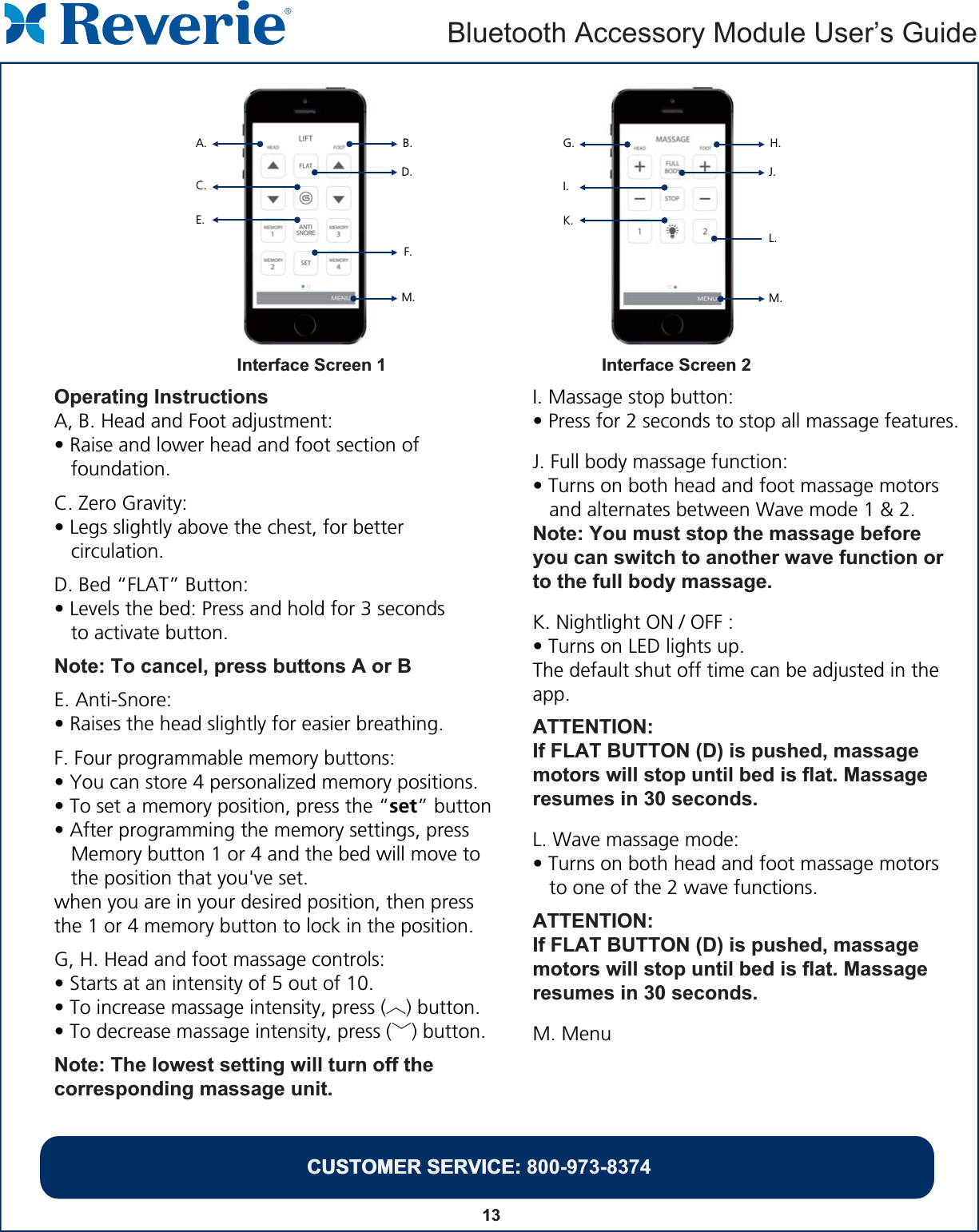 Operating InstructionsA, B. Head and Foot adjustment:• Raise and lower head and foot section of    foundation.C. Zero Gravity:• Legs slightly above the chest, for better   circulation.D. Bed “FLAT” Button:• Levels the bed: Press and hold for 3 seconds   to activate button.Note: To cancel, press buttons A or BE. Anti-Snore:• Raises the head slightly for easier breathing.F. Four programmable memory buttons:• You can store 4 personalized memory positions.• To set a memory position, press the “set” button• After programming the memory settings, press    Memory button 1 or 4 and the bed will move to    the position that you&apos;ve set.when you are in your desired position, then pressthe 1 or 4 memory button to lock in the position.G, H. Head and foot massage controls:• Starts at an intensity of 5 out of 10.• To increase massage intensity, press (︿) button.• To decrease massage intensity, press (﹀) button.Note: The lowest setting will turn off thecorresponding massage unit.I. Massage stop button:• Press for 2 seconds to stop all massage features.J. Full body massage function:• Turns on both head and foot massage motors   and alternates between Wave mode 1 &amp; 2.Note: You must stop the massage before you can switch to another wave function or to the full body massage.K. Nightlight ON / OFF :• Turns on LED lights up.The default shut off time can be adjusted in the app.ATTENTION:If FLAT BUTTON (D) is pushed, massage motors will stop until bed is flat. Massage resumes in 30 seconds.L. Wave massage mode:• Turns on both head and foot massage motors    to one of the 2 wave functions.ATTENTION:If FLAT BUTTON (D) is pushed, massage motors will stop until bed is flat. Massage resumes in 30 seconds.M. MenuA.C.E.B.M.D.F.G.I.K.H.M.J.L. Interface Screen 1  Interface Screen 2CUSTOMER SERVICE: Bluetooth Accessory Module User’s GuideCUSTOMER SERVICE: 800-973-837413