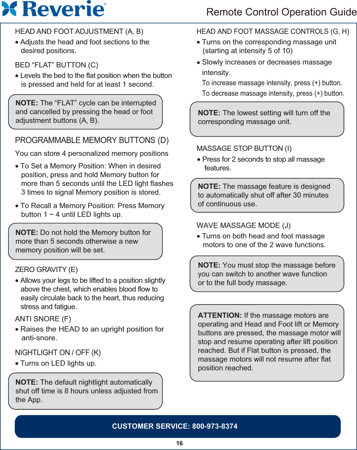 16HEAD AND FOOT ADJUSTMENT (A, B) • Adjusts the head and foot sections to the   desired positions. PROGRAMMABLE MEMORY BUTTONS (D)NIGHTLIGHT ON / OFF (K)BED “FLAT” BUTTON (C)• Levels the bed to the flat position when the button   is pressed and held for at least 1 second. NOTE: The “FLAT” cycle can be interruptedand cancelled by pressing the head or footadjustment buttons (A, B). ZERO GRAVITY (E)• Allows your legs to be lifted to a position slightly    above the chest, which enables blood flow to     easily circulate back to the heart, thus reducing     stress and fatigue.ANTI SNORE (F)• Raises the HEAD to an upright position for   anti-snore.NOTE: The lowest setting will turn off thecorresponding massage unit.WAVE MASSAGE MODE (J)• Turns on both head and foot massage   motors to one of the 2 wave functions.NOTE: You must stop the massage beforeyou can switch to another wave functionor to the full body massage. MASSAGE STOP BUTTON (I)• Press for 2 seconds to stop all massage     features.NOTE: The massage feature is designedto automatically shut off after 30 minutes of continuous use.  You can store 4 personalized memory positions• To Set a Memory Position: When in desired   position, press and hold Memory button for    more than 5 seconds until the LED light flashes   3 times to signal Memory position is stored. • To Recall a Memory Position: Press Memory   button 1 ~ 4 until LED lights up. ATTENTION: If the massage motors are operating and Head and Foot lift or Memory buttons are pressed, the massage motor will stop and resume operating after lift position reached. But if Flat button is pressed, the massage motors will not resume after flat position reached. HEAD AND FOOT MASSAGE CONTROLS (G, H)• Turns on the corresponding massage unit   (starting at intensity 5 of 10)• Slowly increases or decreases massage intensity.To increase massage intensity, press (+) button.To decrease massage intensity, press (+) button.NOTE: Do not hold the Memory button for more than 5 seconds otherwise a new memory position will be set.NOTE: The default nightlight automatically shut off time is 8 hours unless adjusted fromthe App.• Turns on LED lights up. Remote Control Operation GuideCUSTOMER SERVICE: 800-973-8374