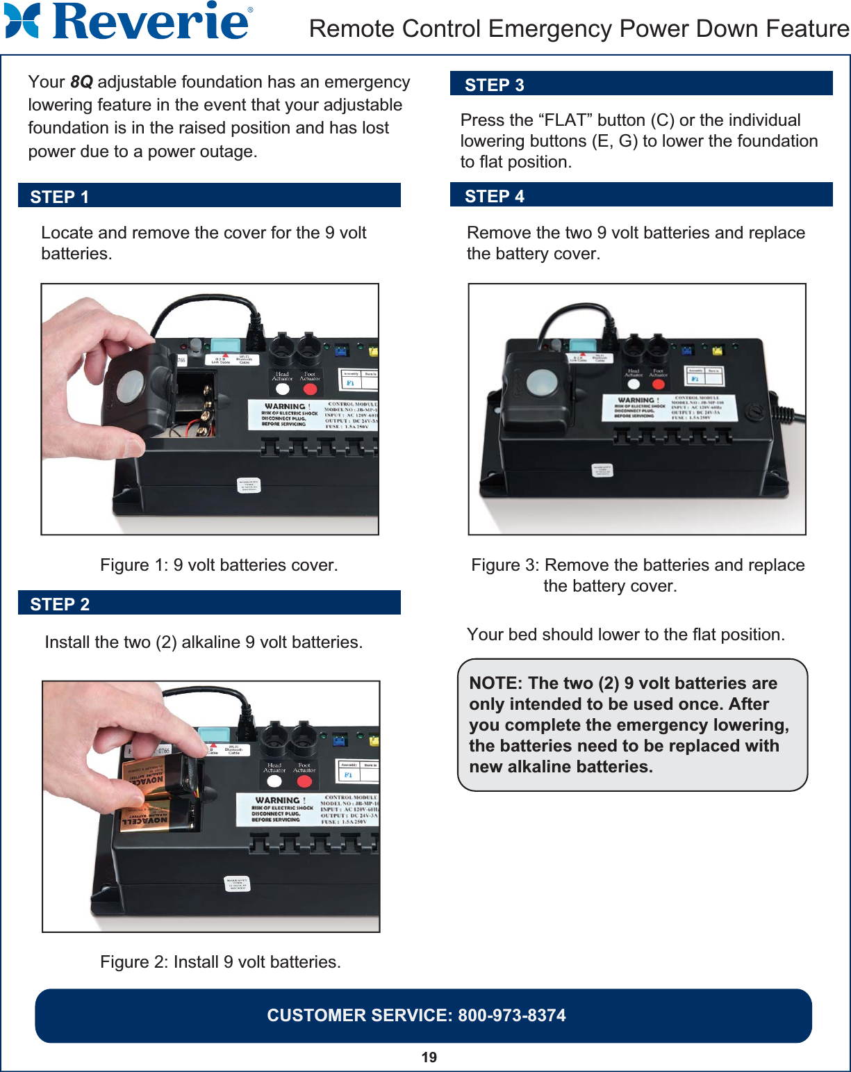 19 Locate and remove the cover for the 9 voltbatteries.Install the two (2) alkaline 9 volt batteries.  Your bed should lower to the flat position.NOTE: The two (2) 9 volt batteries are only intended to be used once. After you complete the emergency lowering, the batteries need to be replaced with new alkaline batteries.Your 8Q adjustable foundation has an emergency lowering feature in the event that your adjustable foundation is in the raised position and has lost power due to a power outage. Figure 2: Install 9 volt batteries. Figure 1: 9 volt batteries cover.Press the “FLAT” button (C) or the individual lowering buttons (E, G) to lower the foundationto flat position.Remove the two 9 volt batteries and replace the battery cover.Figure 3: Remove the batteries and replace               the battery cover.Remote Control Emergency Power Down FeatureSTEP 3STEP 4STEP 1STEP 2CUSTOMER SERVICE: 800-973-8374