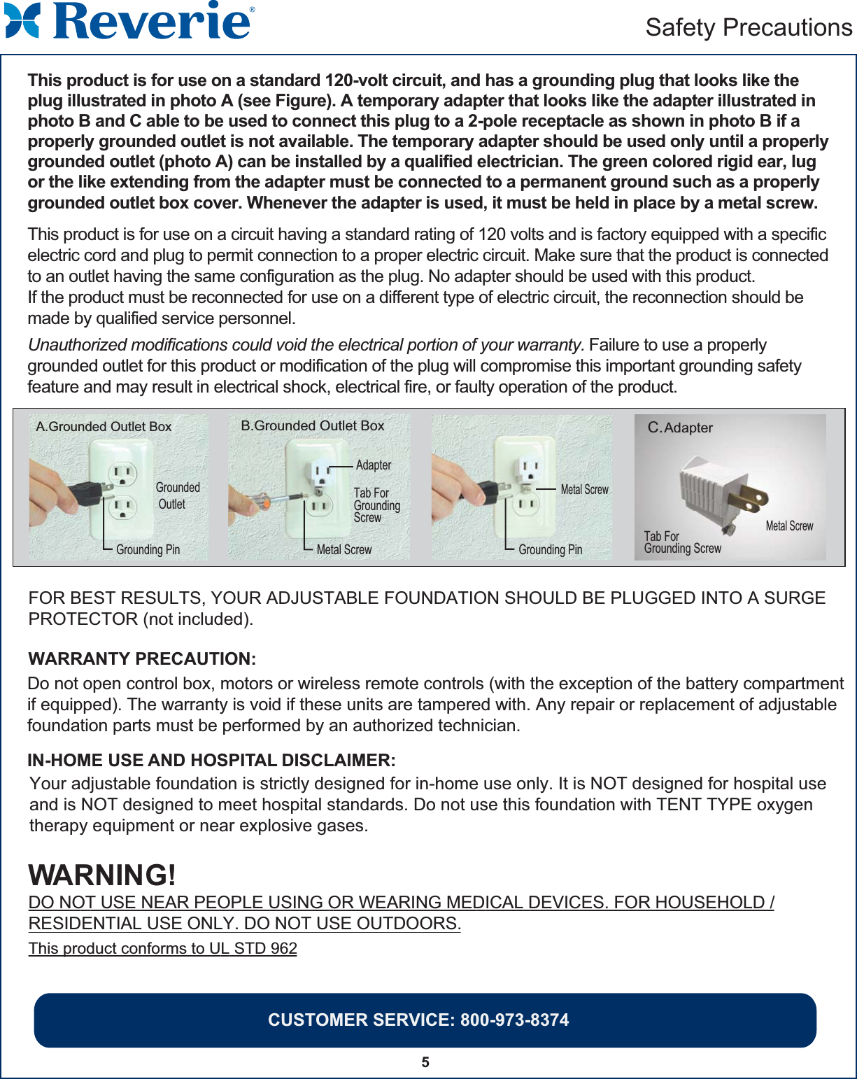 CUSTOMER SERVICE: 800-973-83745Safety PrecautionsUnauthorized modifications could void the electrical portion of your warranty. Failure to use a properlygrounded outlet for this product or modification of the plug will compromise this important grounding safetyfeature and may result in electrical shock, electrical fire, or faulty operation of the product. A.Grounded Outlet BoxGrounding PinGrounded Outlet Metal ScrewB.Grounded Outlet Box Tab ForGroundingScrewAdapterGrounding PinMetal ScrewC.AdapterTab ForGrounding ScrewMetal ScrewWARRANTY PRECAUTION:IN-HOME USE AND HOSPITAL DISCLAIMER: WARNING! Do not open control box, motors or wireless remote controls (with the exception of the battery compartmentif equipped). The warranty is void if these units are tampered with. Any repair or replacement of adjustablefoundation parts must be performed by an authorized technician.DO NOT USE NEAR PEOPLE USING OR WEARING MEDICAL DEVICES. FOR HOUSEHOLD /RESIDENTIAL USE ONLY. DO NOT USE OUTDOORS. This product conforms to UL STD 962FOR BEST RESULTS, YOUR ADJUSTABLE FOUNDATION SHOULD BE PLUGGED INTO A SURGEPROTECTOR (not included).This product is for use on a circuit having a standard rating of 120 volts and is factory equipped with a specific electric cord and plug to permit connection to a proper electric circuit. Make sure that the product is connected to an outlet having the same configuration as the plug. No adapter should be used with this product.If the product must be reconnected for use on a different type of electric circuit, the reconnection should bemade by qualified service personnel.This product is for use on a standard 120-volt circuit, and has a grounding plug that looks like the plug illustrated in photo A (see Figure). A temporary adapter that looks like the adapter illustrated inphoto B and C able to be used to connect this plug to a 2-pole receptacle as shown in photo B if aproperly grounded outlet is not available. The temporary adapter should be used only until a properlygrounded outlet (photo A) can be installed by a qualified electrician. The green colored rigid ear, lug  or the like extending from the adapter must be connected to a permanent ground such as a properlygrounded outlet box cover. Whenever the adapter is used, it must be held in place by a metal screw.Your adjustable foundation is strictly designed for in-home use only. It is NOT designed for hospital useand is NOT designed to meet hospital standards. Do not use this foundation with TENT TYPE oxygen therapy equipment or near explosive gases.