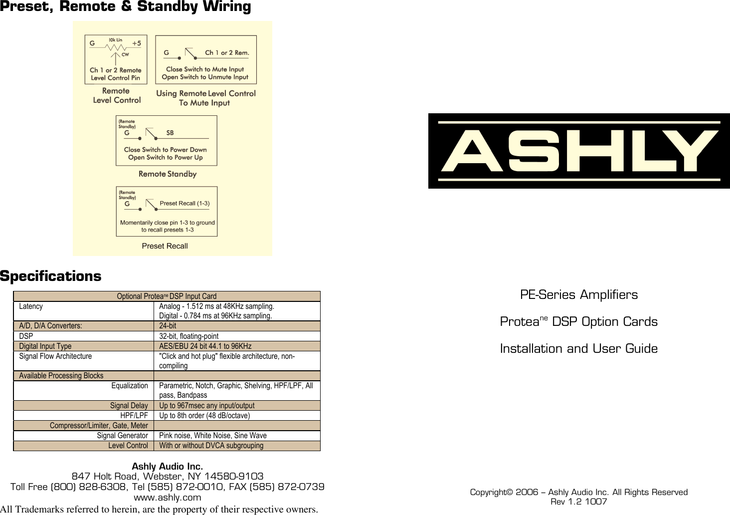 Page 1 of 2 - Ashly Ashly-Protea-Dsp-Option-Card-Dsp1-Users-Manual PE DSP User Guide1-2