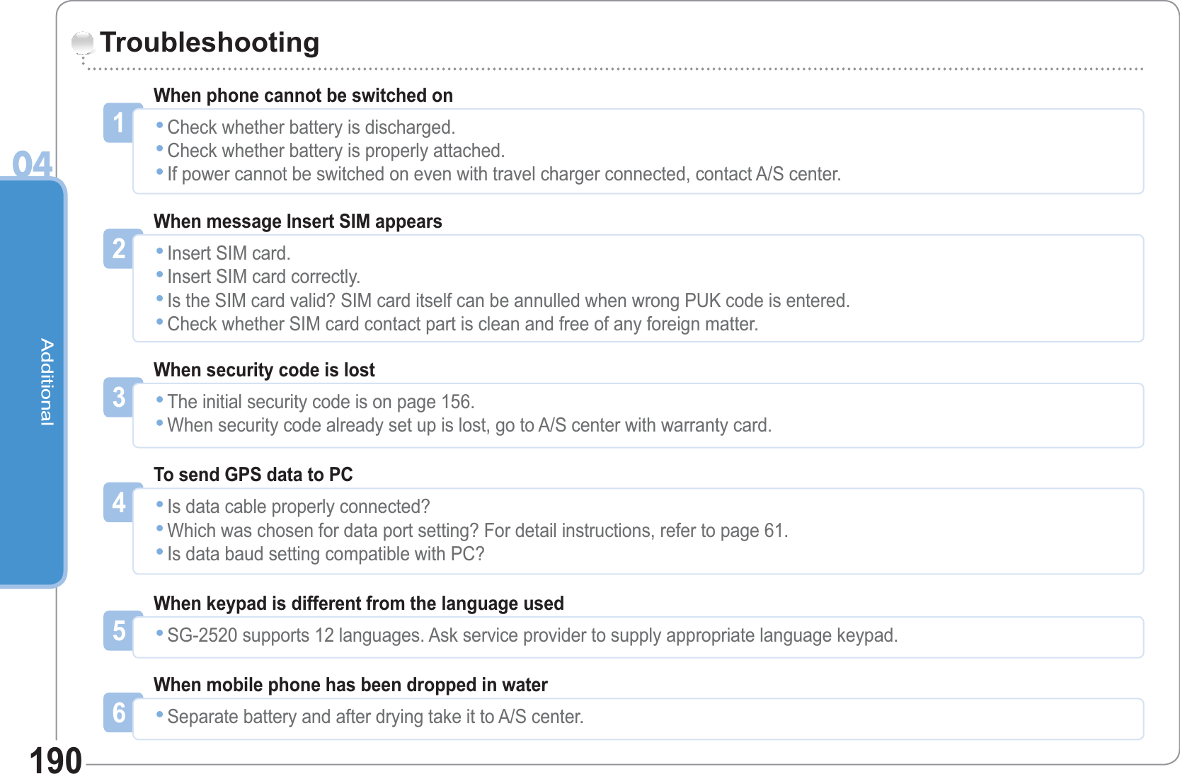 Additional04190Troubleshooting1Check whether battery is discharged.Check whether battery is properly attached.If power cannot be switched on even with travel charger connected, contact A/S center.•••When phone cannot be switched on2Insert SIM card.Insert SIM card correctly.Is the SIM card valid? SIM card itself can be annulled when wrong PUK code is entered.Check whether SIM card contact part is clean and free of any foreign matter.••••When message Insert SIM appears3The initial security code is on page 156.When security code already set up is lost, go to A/S center with warranty card.••When security code is lost4Is data cable properly connected?Which was chosen for data port setting? For detail instructions, refer to page 61.Is data baud setting compatible with PC?•••To send GPS data to PC5SG-2520 supports 12 languages. Ask service provider to supply appropriate language keypad.•When keypad is different from the language used6Separate battery and after drying take it to A/S center.•When mobile phone has been dropped in water