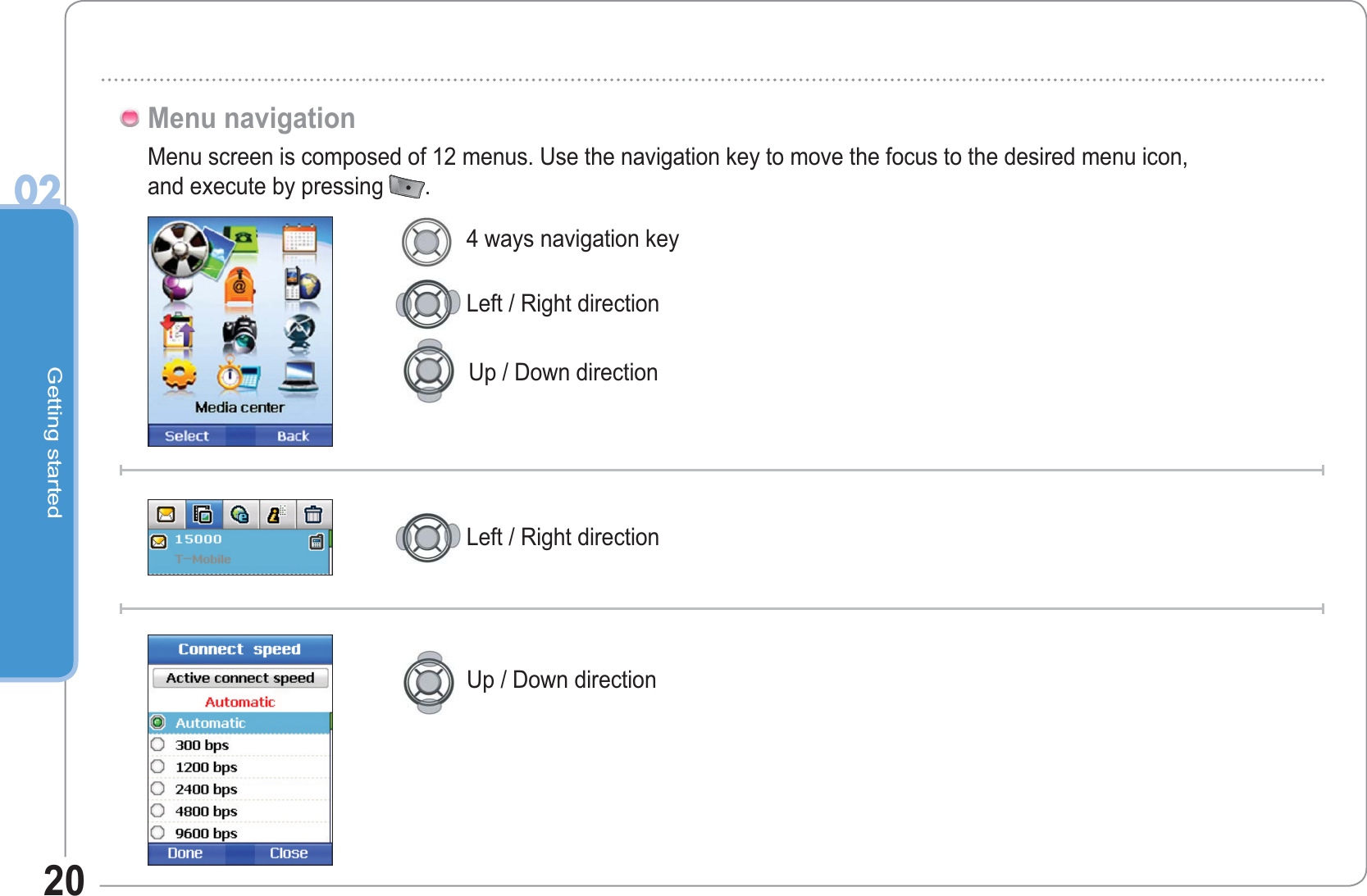 Getting started0220Menu screen is composed of 12 menus. Use the navigation key to move the focus to the desired menu icon, and execute by pressing .Menu navigation4 ways navigation keyUp / Down directionLeft / Right directionLeft / Right directionUp / Down direction