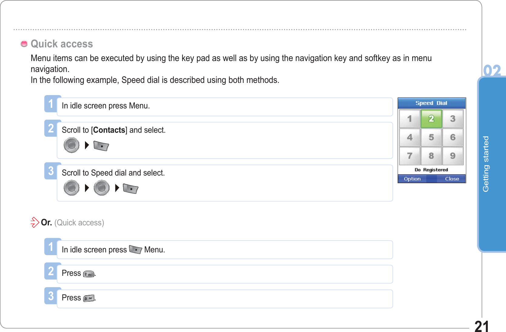 Getting started0221Menu items can be executed by using the key pad as well as by using the navigation key and softkey as in menu navigation.In the following example, Speed dial is described using both methods.Quick access1In idle screen press Menu.2Scroll to [Contacts] and select. 3Scroll to Speed dial and select.Or. (Quick access)1In idle screen press Menu.2Press .3Press .