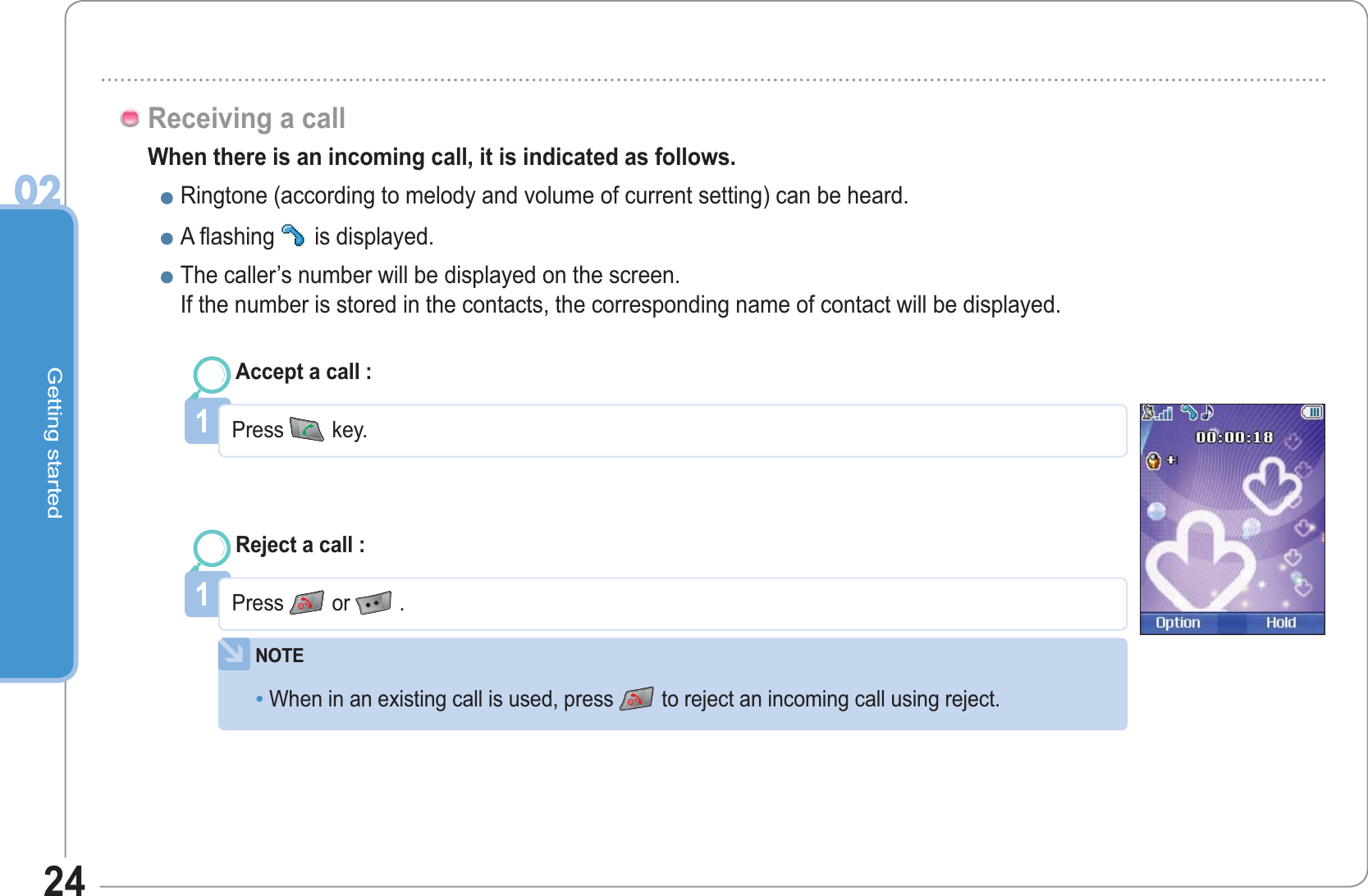 Getting started0224When there is an incoming call, it is indicated as follows.Ringtone (according to melody and volume of current setting) can be heard.A flashing is displayed.The caller’s number will be displayed on the screen.     If the number is stored in the contacts, the corresponding name of contact will be displayed.Receiving a callNOTEWhen in an existing call is used, press to reject an incoming call using reject.•1Press key.Accept a call :1Press or .Reject a call :
