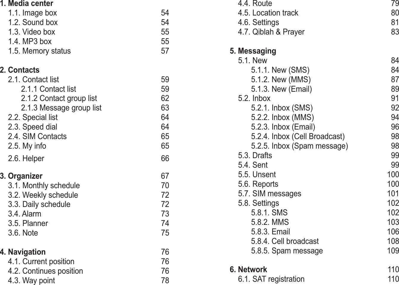   1. Media center  1.1. Image box 54 1.2. Sound box  54 1.3. Video box  55 1.4. MP3 box  55 1.5. Memory status  57  2. Contacts 2.1. Contact list 59   2.1.1 Contact list 59   2.1.2 Contact group list  62   2.1.3 Message group list  63 2.2. Special list  64 2.3. Speed dial 64 2.4. SIM Contacts 65 2.5. My info  65 2.6. Helper  663. Organizer 67 3.1. Monthly schedule  70 3.2. Weekly schedule 72 3.3. Daily schedule  72 3.4. Alarm 73 3.5. Planner  74 3.6. Note  754. Navigation 76 4.1. Current position  76 4.2. Continues position  76 4.3. Way point 78 4.4. Route 79 4.5. Location track 80 4.6. Settings 81 4.7. Qiblah &amp; Prayer  835. Messaging  5.1. New 84   5.1.1. New (SMS)  84   5.1.2. New (MMS) 87   5.1.3. New (Email) 89 5.2. Inbox 91   5.2.1. Inbox (SMS)  92   5.2.2. Inbox (MMS) 94   5.2.3. Inbox (Email)  96   5.2.4. Inbox (Cell Broadcast) 98   5.2.5. Inbox (Spam message) 98 5.3. Drafts  99 5.4. Sent 99 5.5. Unsent 100 5.6. Reports  100 5.7. SIM messages  101 5.8. Settings 102   5.8.1. SMS  102   5.8.2. MMS  103   5.8.3. Email  106   5.8.4. Cell broadcast 108   5.8.5. Spam message  1096. Network  110 6.1. SAT registration  110SG-2520 03 Using the menu 