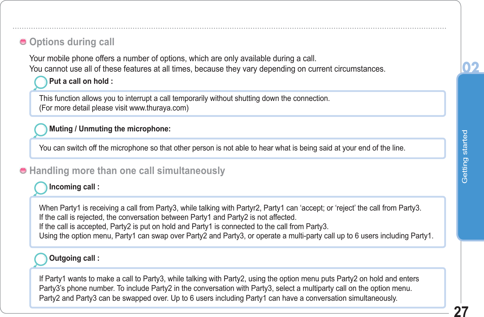 Getting started0227Options during callIncoming call :When Party1 is receiving a call from Party3, while talking with Partyr2, Party1 can ‘accept; or ‘reject’ the call from Party3. If the call is rejected, the conversation between Party1 and Party2 is not affected. If the call is accepted, Party2 is put on hold and Party1 is connected to the call from Party3. Using the option menu, Party1 can swap over Party2 and Party3, or operate a multi-party call up to 6 users including Party1.Outgoing call :If Party1 wants to make a call to Party3, while talking with Party2, using the option menu puts Party2 on hold and enters Party3’s phone number. To include Party2 in the conversation with Party3, select a multiparty call on the option menu.Party2 and Party3 can be swapped over. Up to 6 users including Party1 can have a conversation simultaneously.Your mobile phone offers a number of options, which are only available during a call. You cannot use all of these features at all times, because they vary depending on current circumstances.Put a call on hold :This function allows you to interrupt a call temporarily without shutting down the connection.(For more detail please visit www.thuraya.com)Muting / Unmuting the microphone:You can switch off the microphone so that other person is not able to hear what is being said at your end of the line.Handling more than one call simultaneously