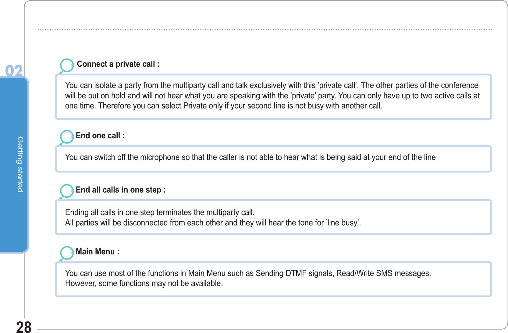 Getting started0228Connect a private call :You can isolate a party from the multiparty call and talk exclusively with this ’private call’. The other parties of the conference will be put on hold and will not hear what you are speaking with the ’private’ party. You can only have up to two active calls at one time. Therefore you can select Private only if your second line is not busy with another call.End one call :You can switch off the microphone so that the caller is not able to hear what is being said at your end of the lineEnd all calls in one step :Ending all calls in one step terminates the multiparty call.All parties will be disconnected from each other and they will hear the tone for ’line busy’.Main Menu :You can use most of the functions in Main Menu such as Sending DTMF signals, Read/Write SMS messages. However, some functions may not be available.