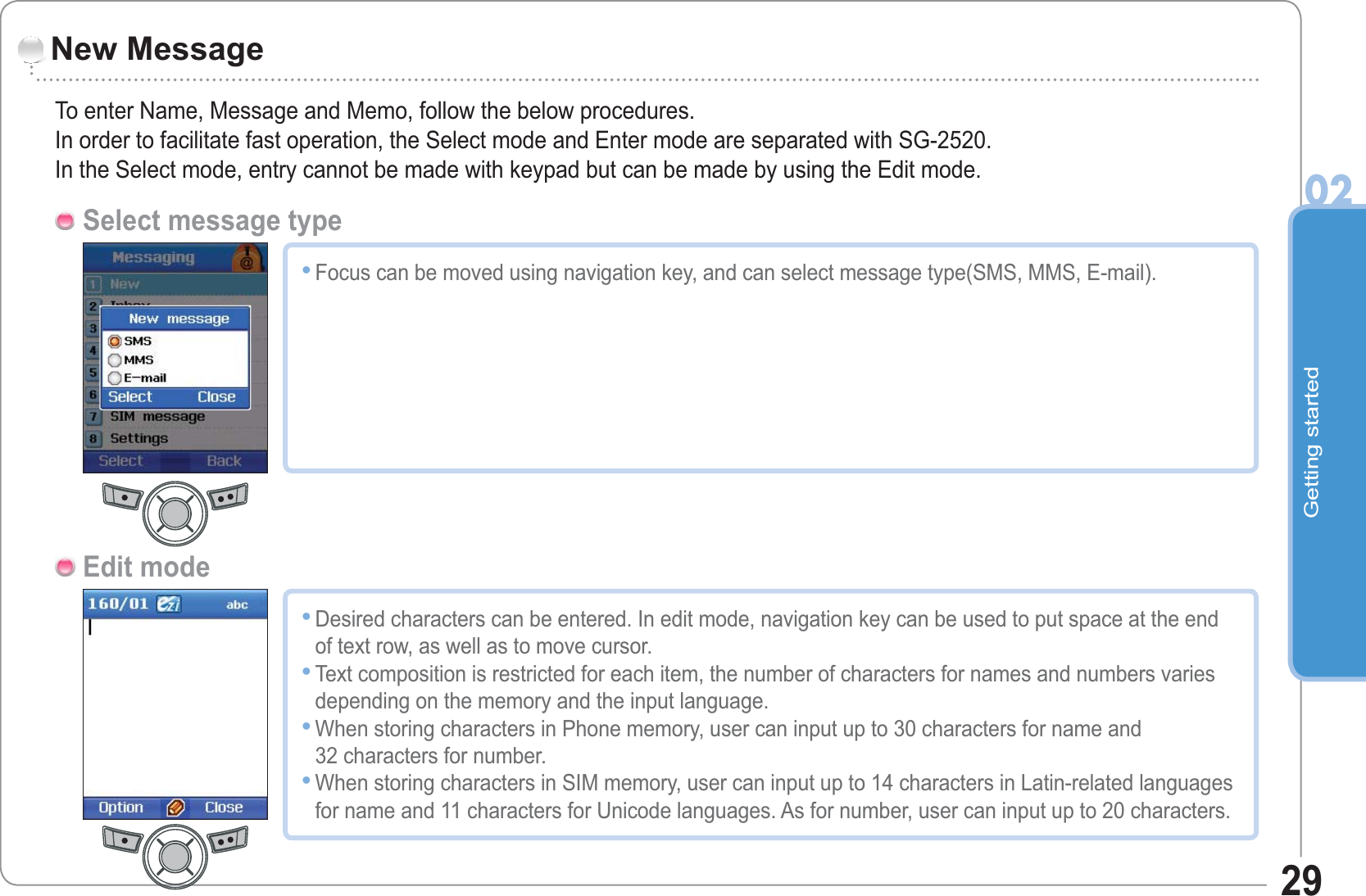 Getting started0229New MessageTo enter Name, Message and Memo, follow the below procedures. In order to facilitate fast operation, the Select mode and Enter mode are separated with SG-2520.In the Select mode, entry cannot be made with keypad but can be made by using the Edit mode.Select message type Focus can be moved using navigation key, and can select message type(SMS, MMS, E-mail).•Edit modeDesired characters can be entered. In edit mode, navigation key can be used to put space at the end of text row, as well as to move cursor. Text composition is restricted for each item, the number of characters for names and numbers varies depending on the memory and the input language.When storing characters in Phone memory, user can input up to 30 characters for name and 32 characters for number.When storing characters in SIM memory, user can input up to 14 characters in Latin-related languages for name and 11 characters for Unicode languages. As for number, user can input up to 20 characters.••••