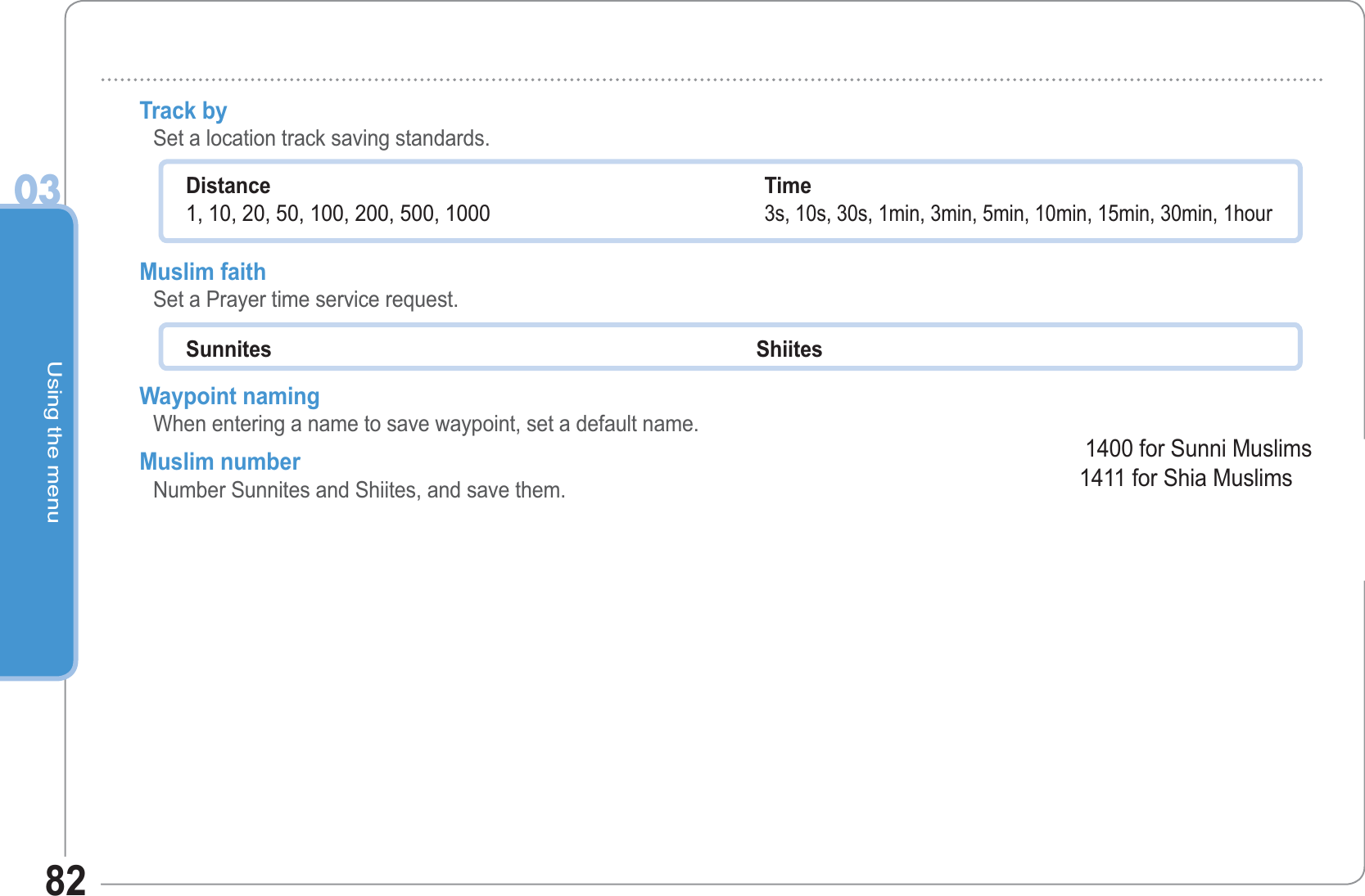 Using the menu0382Track by  Set a location track saving standards. Muslim faith Set a Prayer time service request. Waypoint naming     When entering a name to save waypoint, set a default name. Muslim number      Number Sunnites and Shiites, and save them.Distance1, 10, 20, 50, 100, 200, 500, 1000 Time3s, 10s, 30s, 1min, 3min, 5min, 10min, 15min, 30min, 1hour Sunnites Shiites 1400 for Sunni Muslims1411 for Shia Muslims 