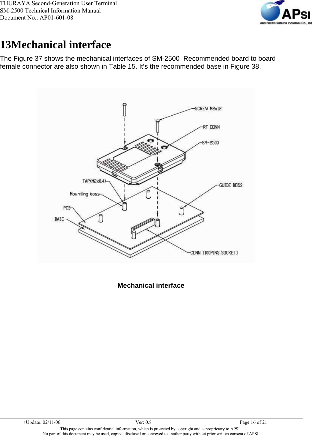 THURAYA Second-Generation User Terminal SM-2500 Technical Information Manual Document No.: AP01-601-08     +Update: 02/11/06  Ver: 0.8  Page 16 of 21 This page contains confidential information, which is protected by copyright and is proprietary to APSI. No part of this document may be used, copied, disclosed or conveyed to another party without prior written consent of APSI  13Mechanical interface The Figure 37 shows the mechanical interfaces of SM-2500  Recommended board to board female connector are also shown in Table 15. It’s the recommended base in Figure 38.                    Mechanical interface 