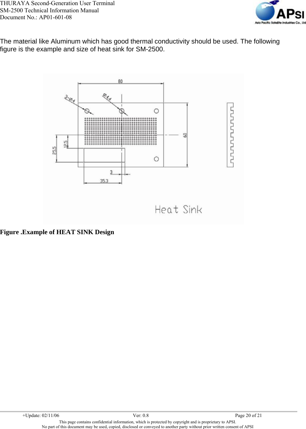 THURAYA Second-Generation User Terminal SM-2500 Technical Information Manual Document No.: AP01-601-08     +Update: 02/11/06  Ver: 0.8  Page 20 of 21 This page contains confidential information, which is protected by copyright and is proprietary to APSI. No part of this document may be used, copied, disclosed or conveyed to another party without prior written consent of APSI  The material like Aluminum which has good thermal conductivity should be used. The following figure is the example and size of heat sink for SM-2500.            Figure .Example of HEAT SINK Design 