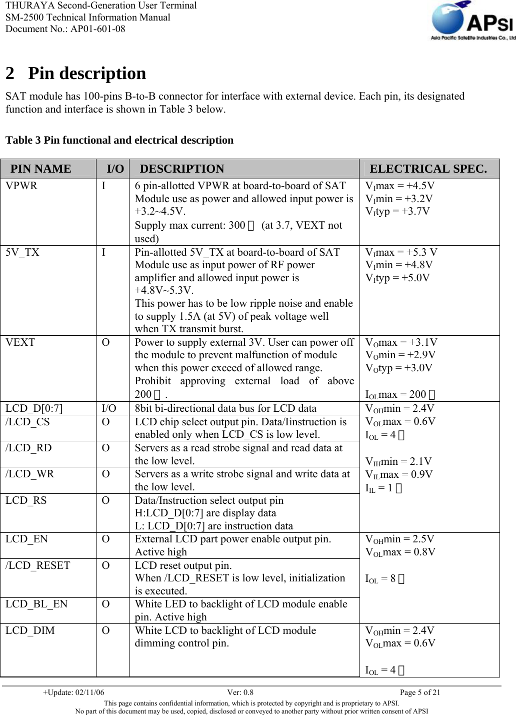 THURAYA Second-Generation User Terminal SM-2500 Technical Information Manual Document No.: AP01-601-08     +Update: 02/11/06  Ver: 0.8  Page 5 of 21 This page contains confidential information, which is protected by copyright and is proprietary to APSI. No part of this document may be used, copied, disclosed or conveyed to another party without prior written consent of APSI  2  Pin description SAT module has 100-pins B-to-B connector for interface with external device. Each pin, its designated function and interface is shown in Table 3 below. Table 3 Pin functional and electrical description PIN NAME  I/O DESCRIPTION  ELECTRICAL SPEC. VPWR  I  6 pin-allotted VPWR at board-to-board of SAT Module use as power and allowed input power is +3.2~4.5V. Supply max current: 300 ㎃ (at 3.7, VEXT not used) VImax = +4.5V VImin = +3.2V VItyp = +3.7V 5V_TX  I  Pin-allotted 5V_TX at board-to-board of SAT Module use as input power of RF power amplifier and allowed input power is +4.8V~5.3V. This power has to be low ripple noise and enable to supply 1.5A (at 5V) of peak voltage well when TX transmit burst. VImax = +5.3 V VImin = +4.8V VItyp = +5.0V VEXT  O  Power to supply external 3V. User can power off the module to prevent malfunction of module when this power exceed of allowed range. Prohibit approving external load of above 200 ㎃.  VOmax = +3.1V VOmin = +2.9V VOtyp = +3.0V  IOLmax = 200 ㎃ LCD_D[0:7]  I/O  8bit bi-directional data bus for LCD data /LCD_CS  O  LCD chip select output pin. Data/Iinstruction is enabled only when LCD_CS is low level. /LCD_RD  O  Servers as a read strobe signal and read data at the low level. /LCD_WR  O  Servers as a write strobe signal and write data at the low level. LCD_RS  O  Data/Instruction select output pin H:LCD_D[0:7] are display data L: LCD_D[0:7] are instruction data VOHmin = 2.4V VOLmax = 0.6V IOL = 4 ㎃  VIHmin = 2.1V VILmax = 0.9V IIL = 1 ㎂ LCD_EN  O  External LCD part power enable output pin. Active high /LCD_RESET  O  LCD reset output pin. When /LCD_RESET is low level, initialization is executed. LCD_BL_EN  O  White LED to backlight of LCD module enable pin. Active high VOHmin = 2.5V VOLmax = 0.8V  IOL = 8 ㎃ LCD_DIM  O  White LCD to backlight of LCD module dimming control pin. VOHmin = 2.4V VOLmax = 0.6V  IOL = 4 ㎃ 