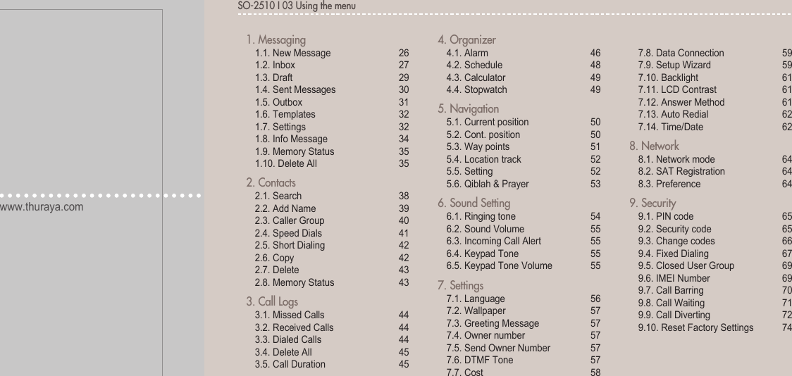 www.thuraya.comSO-2510SO-2510 I 03 Using the menu030402011. Messaging  1.1. New Message  26  1.2. Inbox   27  1.3. Draft  29  1.4. Sent Messages  30  1.5. Outbox  31  1.6. Templates  32  1.7. Settings  32  1.8. Info Message  34  1.9. Memory Status  35  1.10. Delete All  352. Contacts  2.1. Search  38  2.2. Add Name  39  2.3. Caller Group  40  2.4. Speed Dials  41  2.5. Short Dialing  42  2.6. Copy  42  2.7. Delete  43  2.8. Memory Status  433. Call Logs  3.1. Missed Calls  44  3.2. Received Calls   44  3.3. Dialed Calls   44  3.4. Delete All  45  3.5. Call Duration   454. Organizer  4.1. Alarm  46  4.2. Schedule  48  4.3. Calculator  49  4.4. Stopwatch  495. Navigation  5.1. Current position  50  5.2. Cont. position  50  5.3. Way points  51  5.4. Location track   52  5.5. Setting  52  5.6. Qiblah &amp; Prayer  536. Sound Setting  6.1. Ringing tone  54  6.2. Sound Volume  55  6.3. Incoming Call Alert   55  6.4. Keypad Tone  55  6.5. Keypad Tone Volume  557. Settings  7.1. Language  56  7.2. Wallpaper  57  7.3. Greeting Message  57  7.4. Owner number  57  7.5. Send Owner Number  57  7.6. DTMF Tone  57  7.7. Cost  58  7.8. Data Connection  59  7.9. Setup Wizard  59  7.10. Backlight  61  7.11. LCD Contrast  61  7.12. Answer Method  61  7.13. Auto Redial  62  7.14. Time/Date  628. Network  8.1. Network mode  64  8.2. SAT Registration  64  8.3. Preference  649. Security  9.1. PIN code  65  9.2. Security code  65  9.3. Change codes  66  9.4. Fixed Dialing  67  9.5. Closed User Group  69  9.6. IMEI Number  69  9.7. Call Barring  70  9.8. Call Waiting  71  9.9. Call Diverting  72  9.10. Reset Factory Settings  74