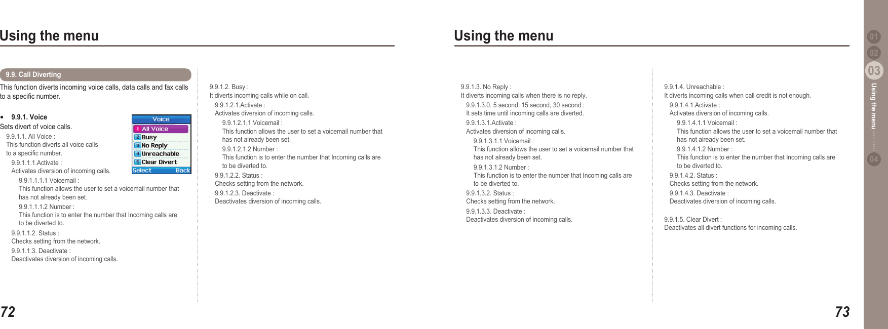 7203Using the menu7303Using the menu0204Using the menu 01This function diverts incoming voice calls, data calls and fax calls to a specic number.9.9.1. Voice Sets divert of voice calls.   9.9.1.1. All Voice :   This function diverts all voice calls   to a specic number.  9.9.1.1.1.Activate :   Activates diversion of incoming calls.    9.9.1.1.1.1 Voicemail :     This function allows the user to set a voicemail number that     has not already been set.    9.9.1.1.1.2 Number :     This function is to enter the number that Incoming calls are     to be diverted to.  9.9.1.1.2. Status :   Checks setting from the network.   9.9.1.1.3. Deactivate :   Deactivates diversion of incoming calls.●9.9. Call Diverting   9.9.1.2. Busy :   It diverts incoming calls while on call.  9.9.1.2.1.Activate :   Activates diversion of incoming calls.     9.9.1.2.1.1 Voicemail :     This function allows the user to set a voicemail number that     has not already been set.    9.9.1.2.1.2 Number :     This function is to enter the number that Incoming calls are     to be diverted to.  9.9.1.2.2. Status :   Checks setting from the network.   9.9.1.2.3. Deactivate :   Deactivates diversion of incoming calls.  9.9.1.3. No Reply :   It diverts incoming calls when there is no reply.  9.9.1.3.0. 5 second, 15 second, 30 second :   It sets time until incoming calls are diverted.  9.9.1.3.1.Activate :   Activates diversion of incoming calls.     9.9.1.3.1.1 Voicemail :     This function allows the user to set a voicemail number that     has not already been set.    9.9.1.3.1.2 Number :     This function is to enter the number that Incoming calls are     to be diverted to.  9.9.1.3.2. Status :   Checks setting from the network.    9.9.1.3.3. Deactivate :    Deactivates diversion of incoming calls.   9.9.1.4. Unreachable :   It diverts incoming calls when call credit is not enough.  9.9.1.4.1.Activate :   Activates diversion of incoming calls.    9.9.1.4.1.1 Voicemail :     This function allows the user to set a voicemail number that     has not already been set.    9.9.1.4.1.2 Number :     This function is to enter the number that Incoming calls are     to be diverted to.   9.9.1.4.2. Status :   Checks setting from the network.       9.9.1.4.3. Deactivate :   Deactivates diversion of incoming calls.   9.9.1.5. Clear Divert :   Deactivates all divert functions for incoming calls. 