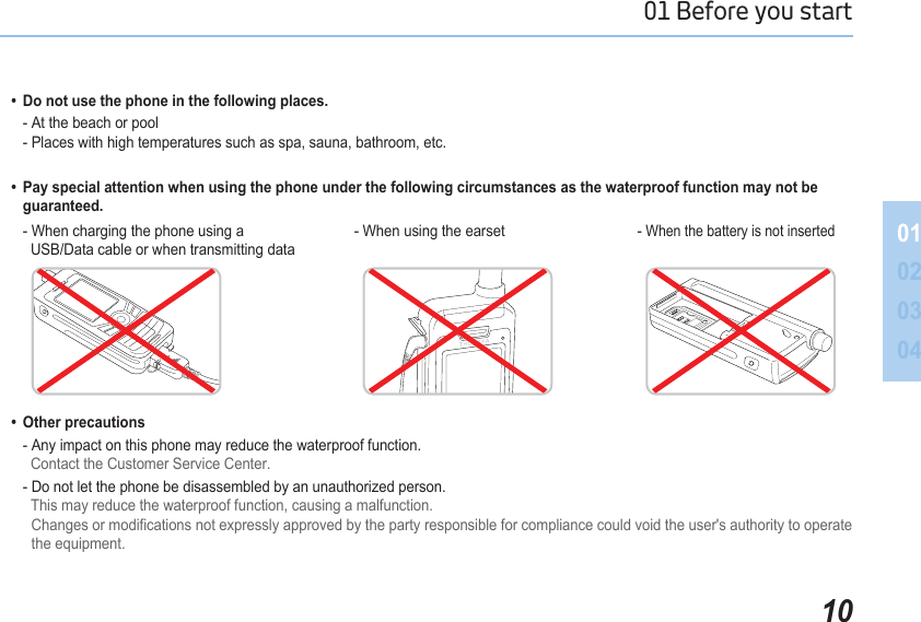 1001 Before you start 01020304  •  Do not use the phone in the following places.     - At the beach or pool       - Places with high temperatures such as spa, sauna, bathroom, etc.     •  Pay special attention when using the phone under the following circumstances as the waterproof function may not be      guaranteed.    •  Other precautions     - Any impact on this phone may reduce the waterproof function.      Contact the Customer Service Center.     - Do not let the phone be disassembled by an unauthorized person.      This may reduce the waterproof function, causing a malfunction.         Changes or modifications not expressly approved by the party responsible for compliance could void the user&apos;s authority to operate         the equipment.    - When charging the phone using a        USB/Data cable or when transmitting data    - When using the earset   - When the battery is not inserted