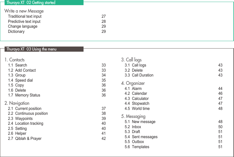 Write a new Message Traditional text input  27 Predictive text input  28 Change language  29 Dictionary  29  Thuraya XT  02 Getting started 1. Contacts  1.1  Search    33 1.2  Add Contact  33 1.3  Group  34 1.4  Speed dial   35 1.5  Copy   36 1.6  Delete   36 1.7  Memory Status    362. Navigation  2.1  Current position   37 2.2  Continuous position   38 2.3  Waypoints   39 2.4  Location tracking  40 2.5  Setting   40 2.6  Helper  41 2.7  Qiblah &amp; Prayer  423. Call logs 3.1  Call logs   43 3.2  Delete  43 3.3  Call Duration    434. Organizer  4.1  Alarm   44 4.2  Calendar  46 4.3  Calculator   47 4.4  Stopwatch   47 4.5  World time  485. Messaging 5.1  New message  48 5.2  Inbox   50 5.3  Draft   51 5.4  Sent messages   51 5.5  Outbox   51 5.6  Templates  51  Thuraya XT  03 Using the menu