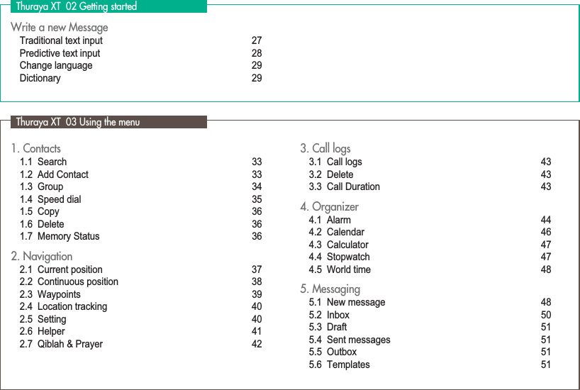 Write a new MessageTraditional text input 27Predictive text input 28Change language 29Dictionary 29  Thuraya XT  02 Getting started1. Contacts 1.1  Search 331.2  Add Contact 331.3  Group 341.4  Speed dial  351.5  Copy  361.6  Delete  361.7  Memory Status 362. Navigation 2.1  Current position  372.2  Continuous position  382.3  Waypoints  392.4  Location tracking 402.5  Setting  402.6  Helper 412.7  Qiblah &amp; Prayer 423. Call logs3.1  Call logs  433.2  Delete 433.3  Call Duration 434. Organizer 4.1  Alarm  444.2  Calendar 464.3  Calculator  474.4  Stopwatch  474.5  World time 485. Messaging5.1  New message 485.2  Inbox  505.3  Draft  515.4  Sent messages  515.5  Outbox  515.6  Templates 51  Thuraya XT  03 Using the menu