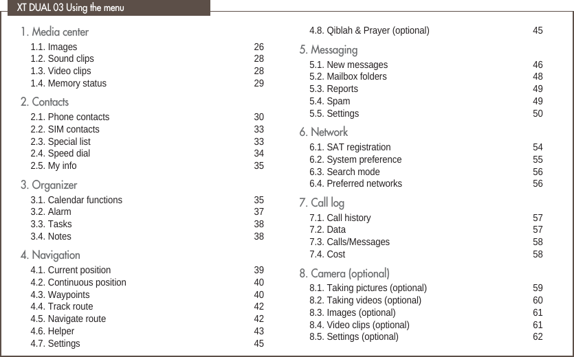 XT DUAL 03 Using the menu 1. Media center 1.1. Images  261.2. Sound clips 281.3. Video clips 281.4. Memory status  292. Contacts 2.1. Phone contacts 302.2. SIM contacts 332.3. Special list 332.4. Speed dial 342.5. My info 353. Organizer3.1. Calendar functions 353.2. Alarm 373.3. Tasks 383.4. Notes 384. Navigation 4.1. Current position 394.2. Continuous position 404.3. Waypoints 404.4. Track route 424.5. Navigate route 424.6. Helper 434.7. Settings 454.8. Qiblah &amp; Prayer (optional) 455. Messaging 5.1. New messages 465.2. Mailbox folders 485.3. Reports 495.4. Spam 495.5. Settings 506. Network 6.1. SAT registration 546.2. System preference 556.3. Search mode 566.4. Preferred networks 567. Call log 7.1. Call history 577.2. Data 577.3. Calls/Messages 587.4. Cost 588. Camera (optional)8.1. Taking pictures (optional) 598.2. Taking videos (optional) 608.3. Images (optional) 618.4. Video clips (optional) 618.5. Settings (optional) 62